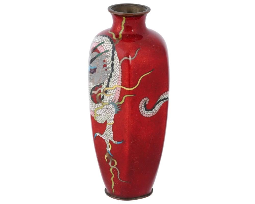 Cloissoné Rare Meiji Japanese Cloisonne Red Enamel Pink Dragon Vase For Sale