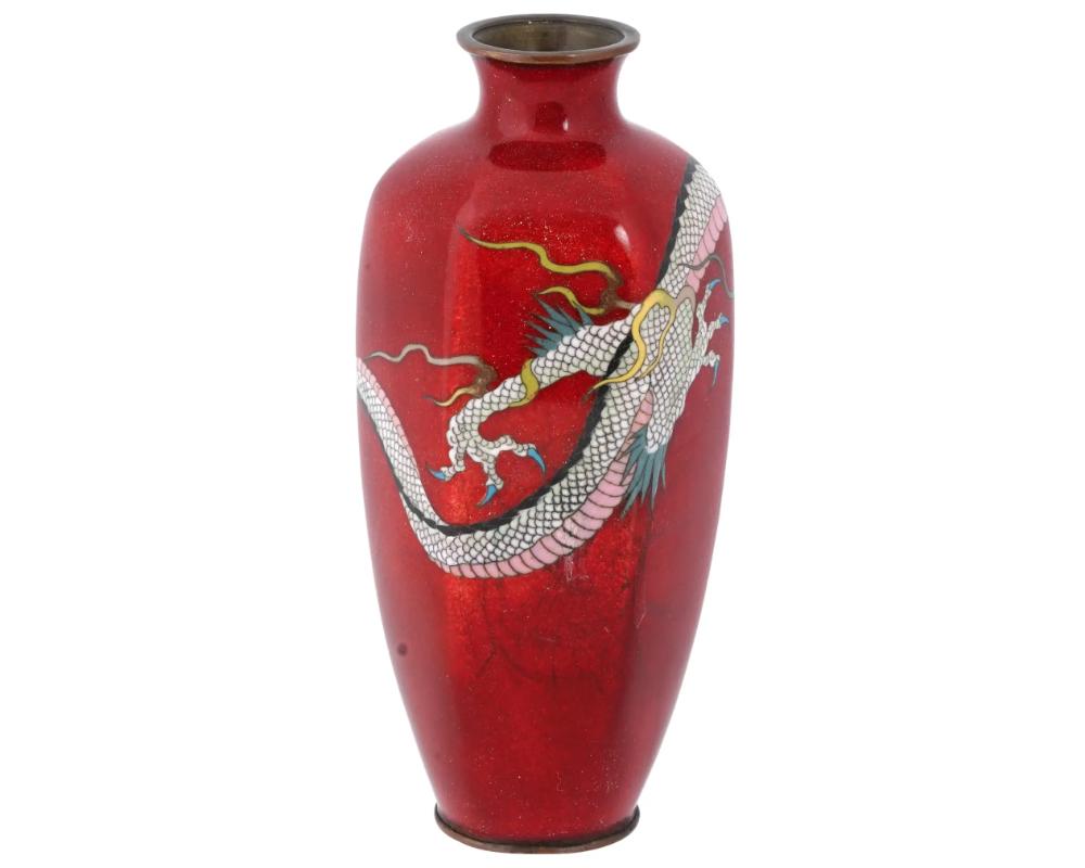 19th Century Rare Meiji Japanese Cloisonne Red Enamel Pink Dragon Vase For Sale