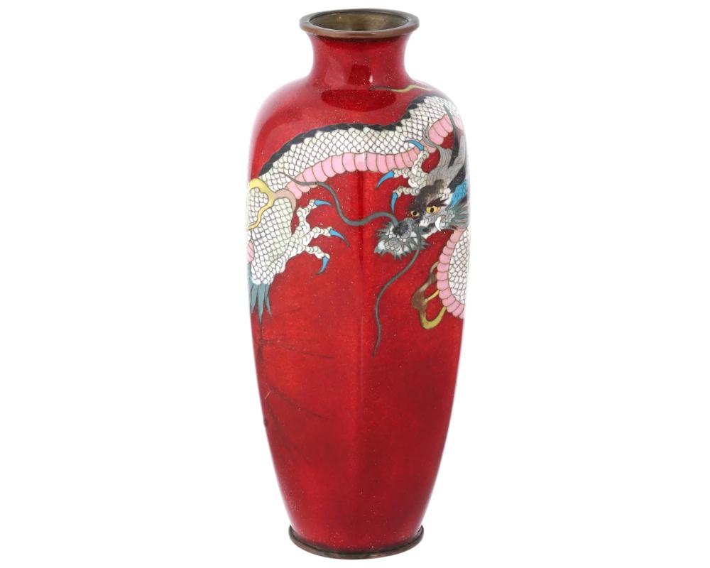 Copper Rare Meiji Japanese Cloisonne Red Enamel Pink Dragon Vase For Sale