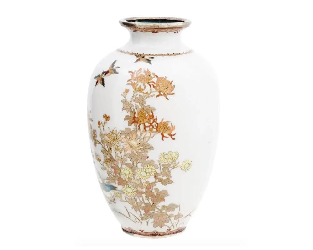 Cloissoné Rare Meiji Japanese Cloisonne Silver Wire White Enamel Vase with Birds and Flowe For Sale