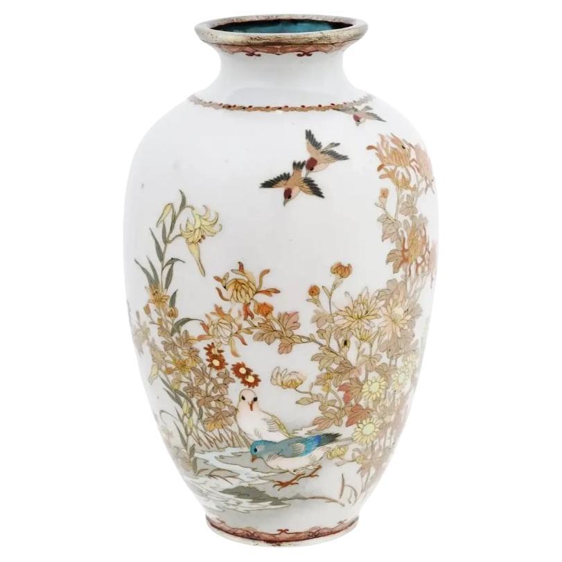 Rare Meiji Japanese Cloisonne Silver Wire White Enamel Vase with Birds and Flowe