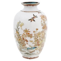 Rare Meiji Japanese Cloisonne Silver Wire White Enamel Vase with Birds and Flowe