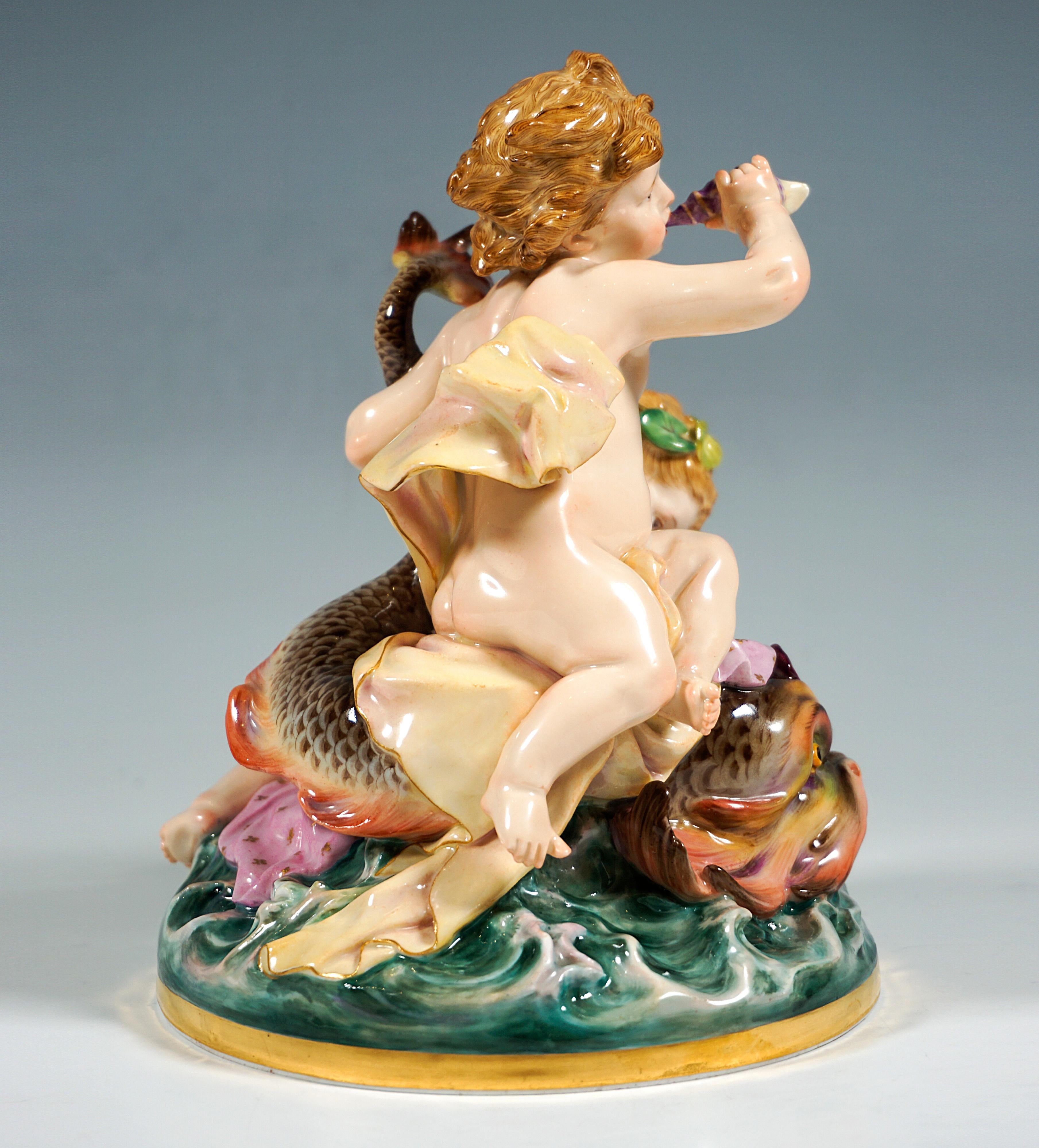 Rococo Rare Meissen Figure Group 'Cupids On Dolphin' by Heinrich Schwabe Circa 1890 For Sale