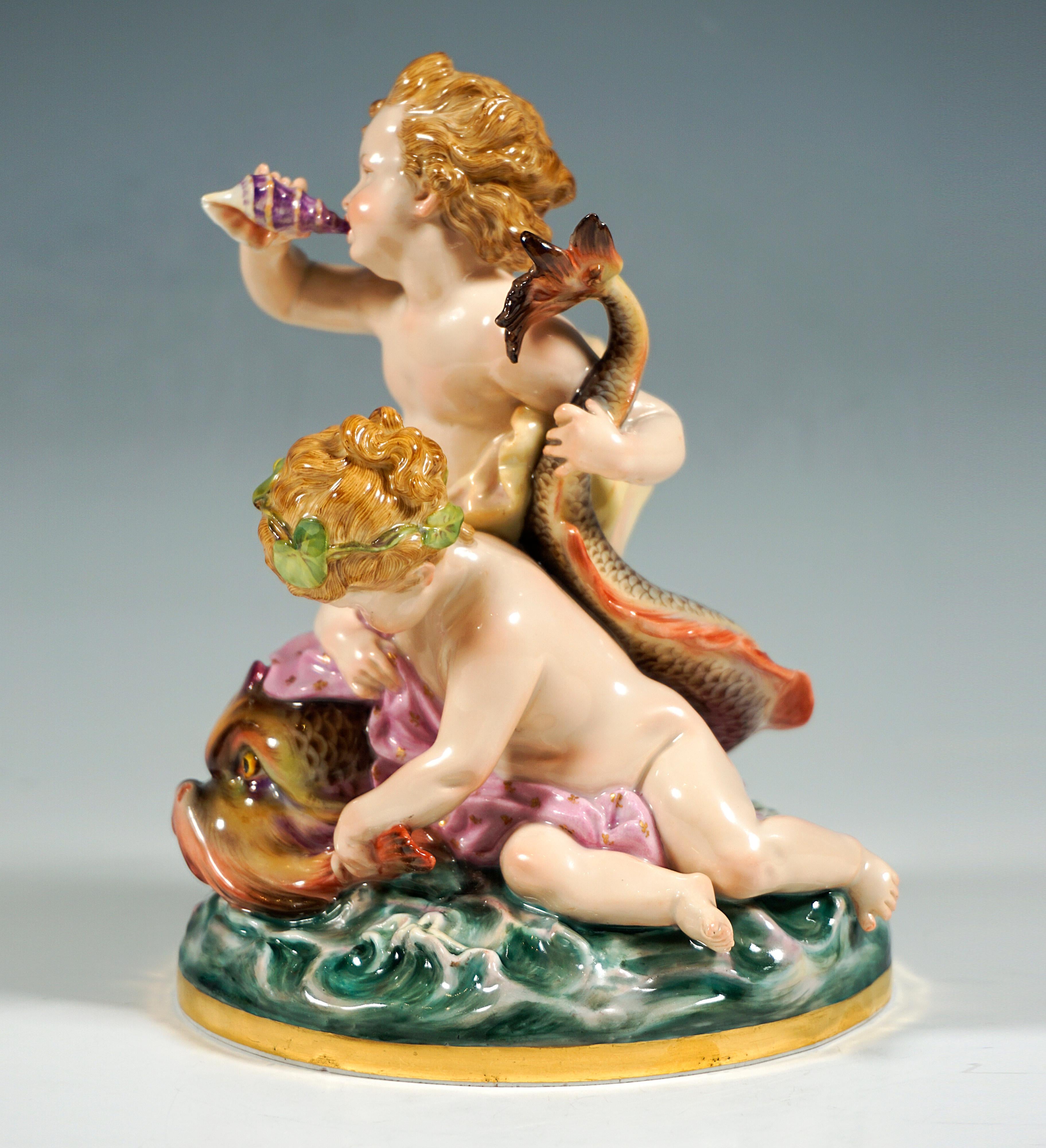 Hand-Painted Rare Meissen Figure Group 'Cupids On Dolphin' by Heinrich Schwabe Circa 1890 For Sale