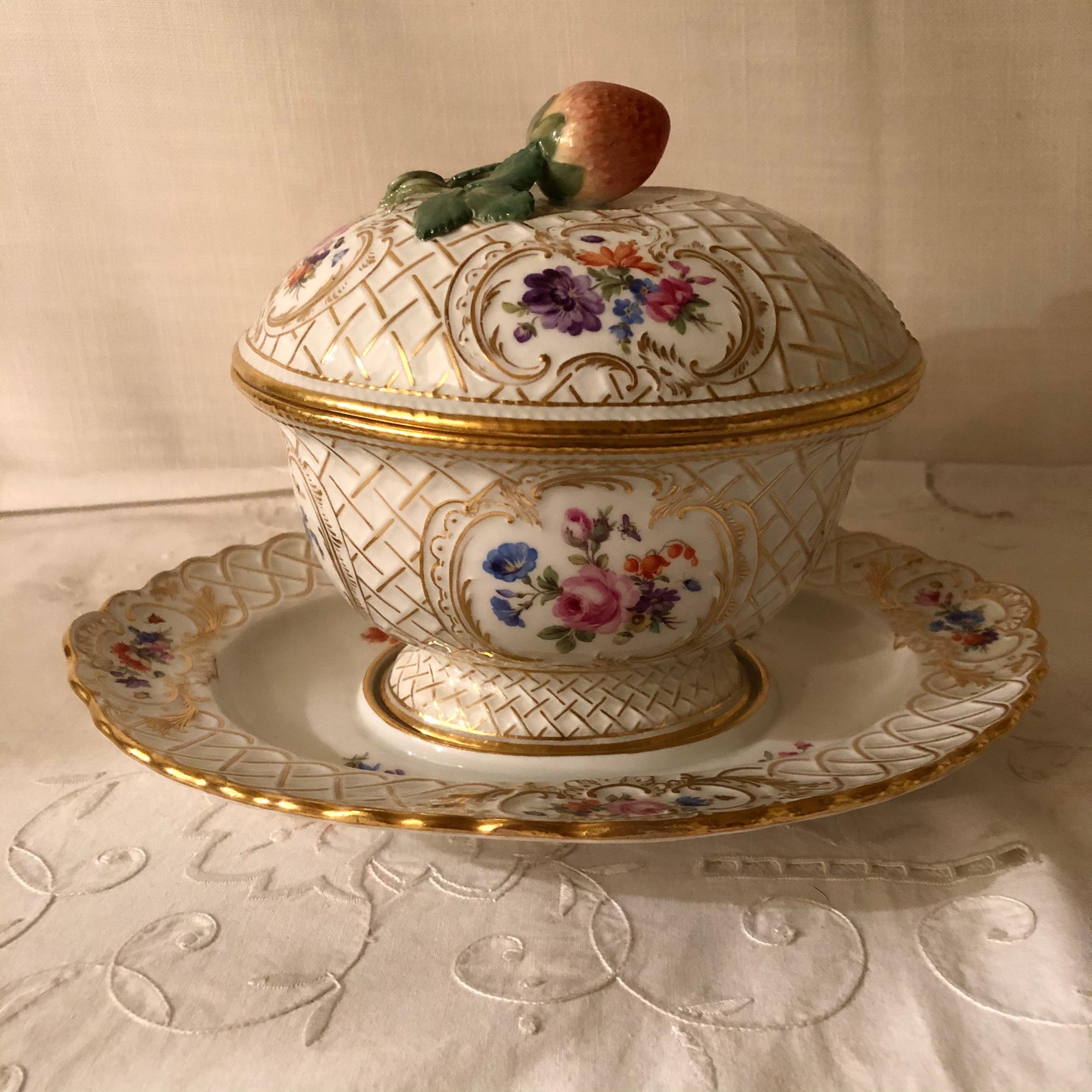 Rococo Rare Meissen Gravy or Saucier with Attached Underplate and Cover with Strawberry For Sale