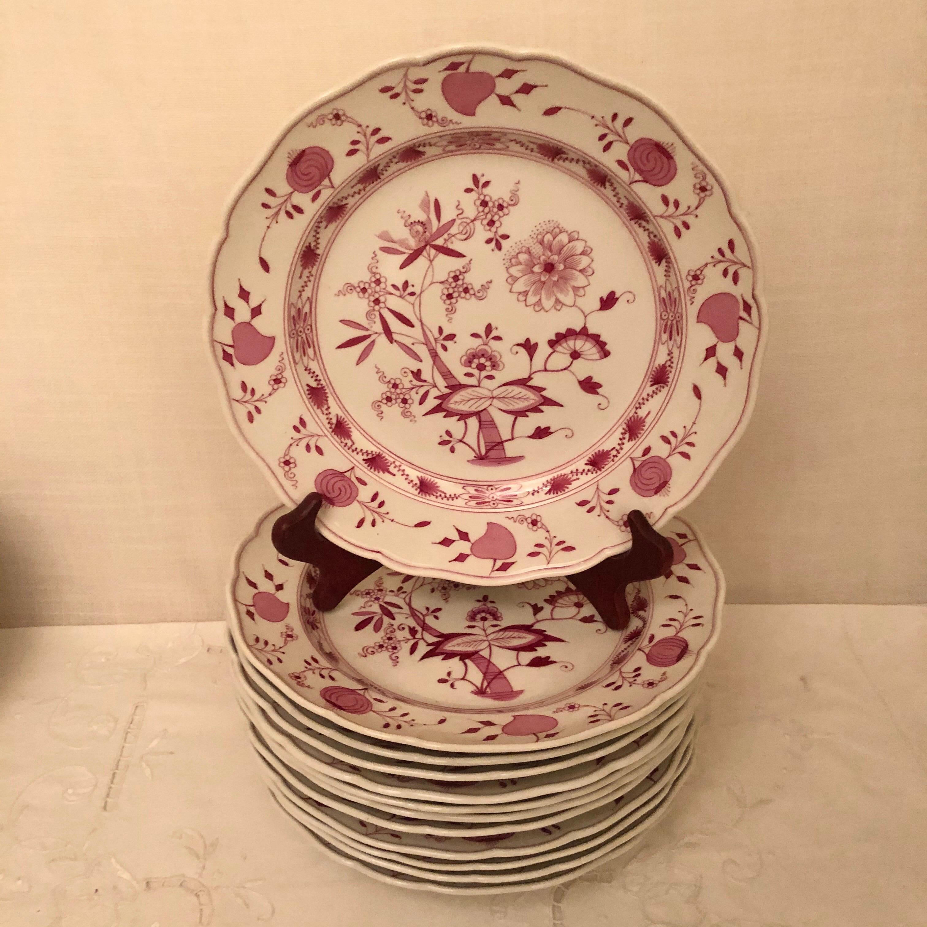 Hand-Painted Rare Meissen Large 66-Piece Pink Onion Dinner Service