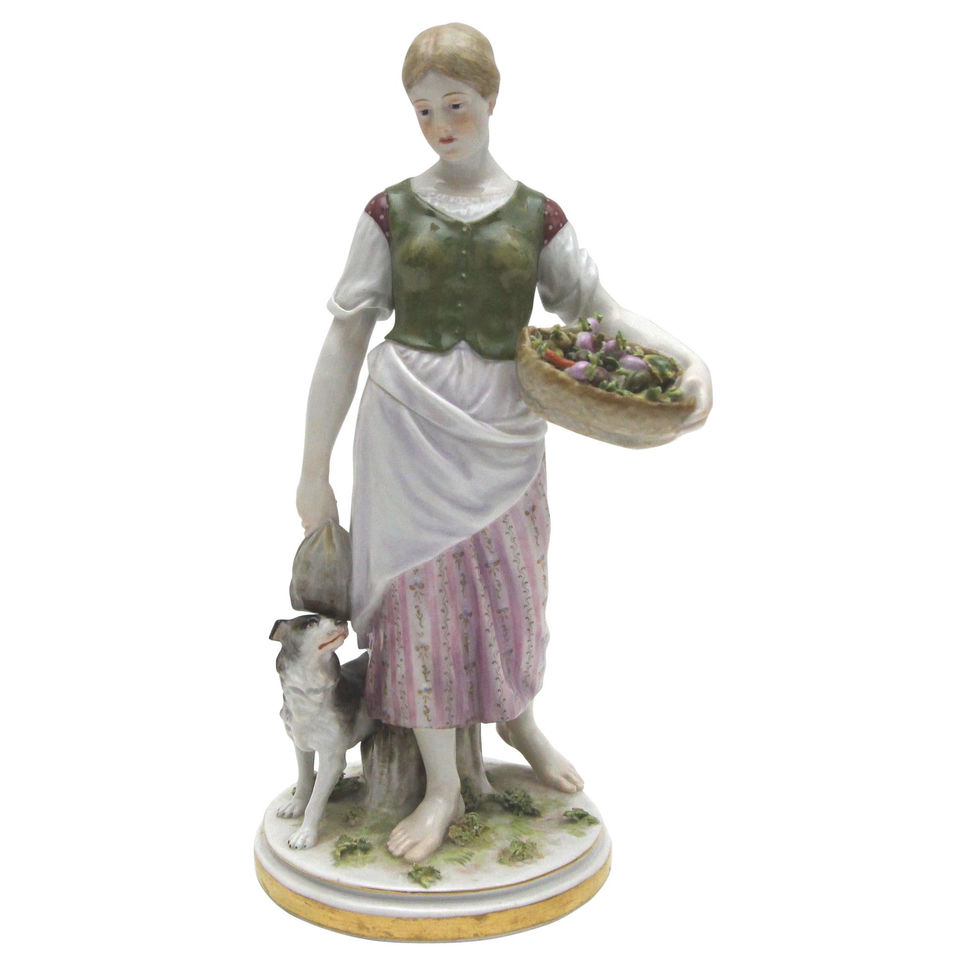 Rare Meissen Porcelain Art Nouveau Figure as a Girl with Dog