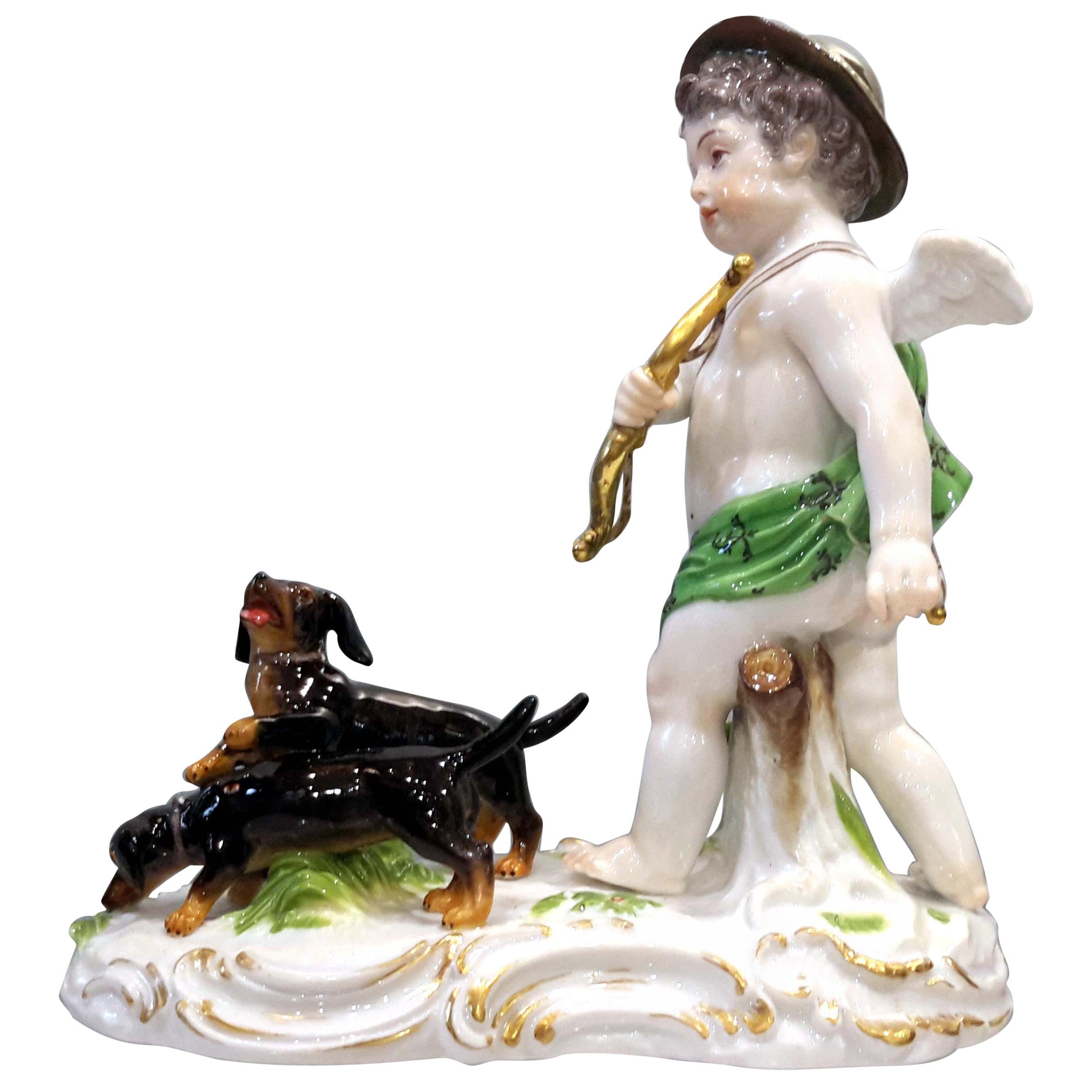 Rare Meissen Porcelain Group of Cupid and Dachshund, 19th Century For Sale