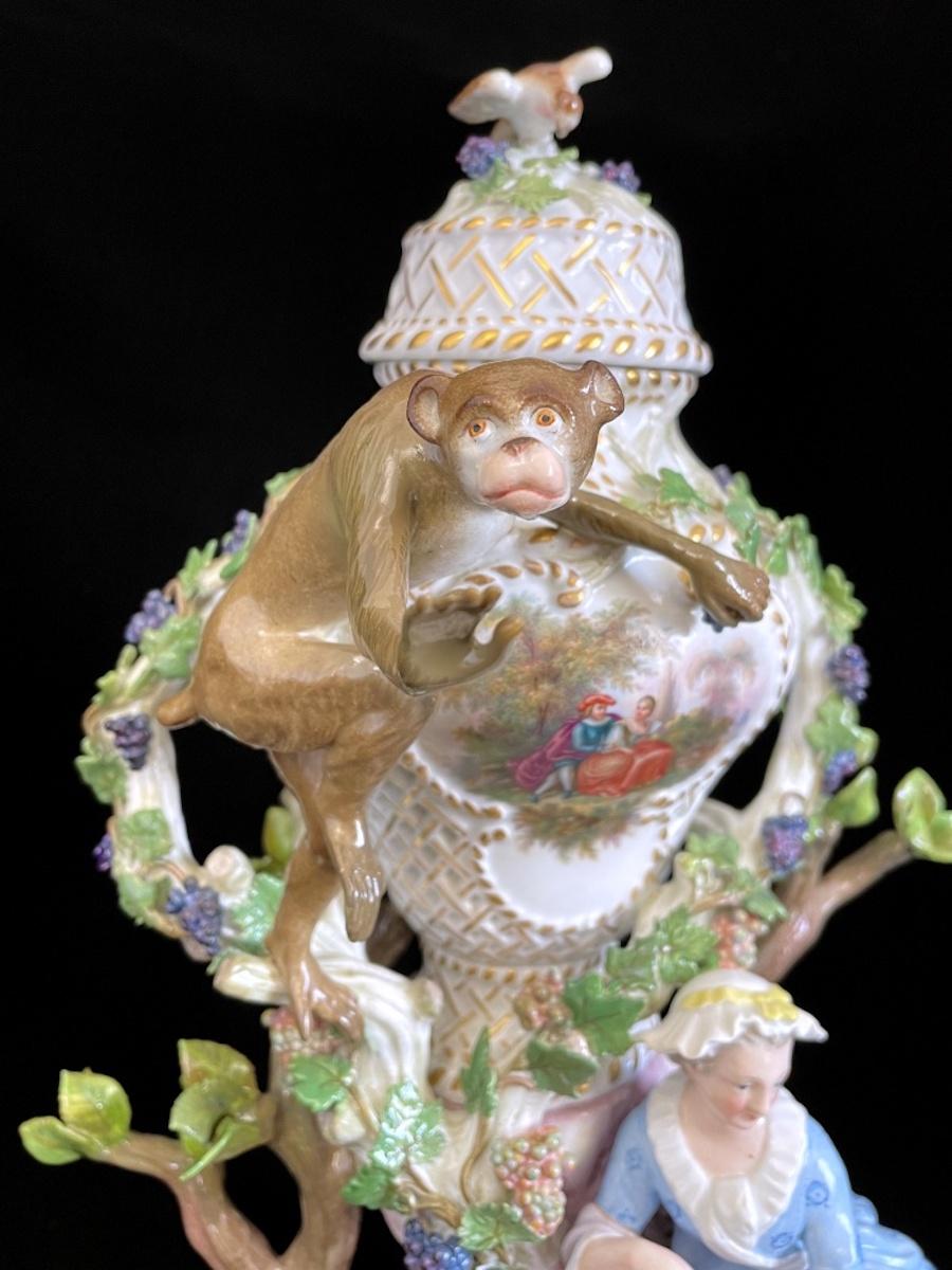 German Rare Meissen Potpourri Monkey Vase, Eberlein, 1850 For Sale