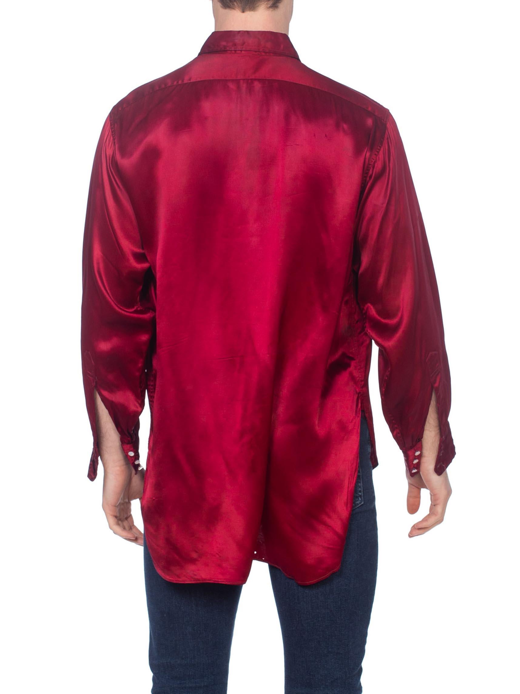 1930'S Cranberry Red Rayon Satin Very Rare Men's Western Shirt For Sale 1