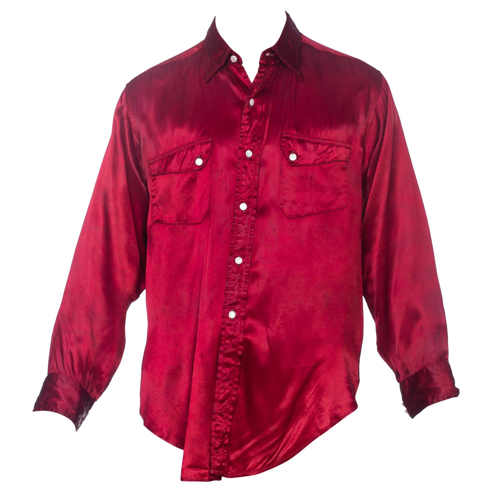 1930'S Cranberry Red Rayon Satin Very Rare Men's Western Shirt