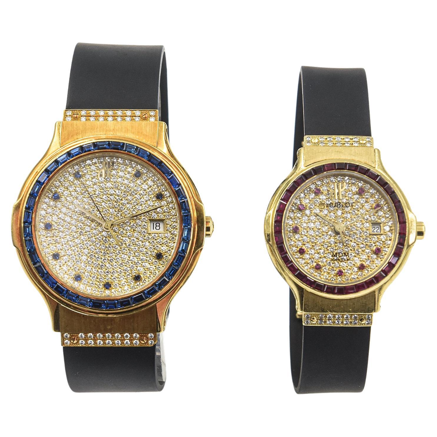 Rare Men's and Ladies Hublot Sapphire Ruby Diamond 18k Gold Wristwatches  For Sale