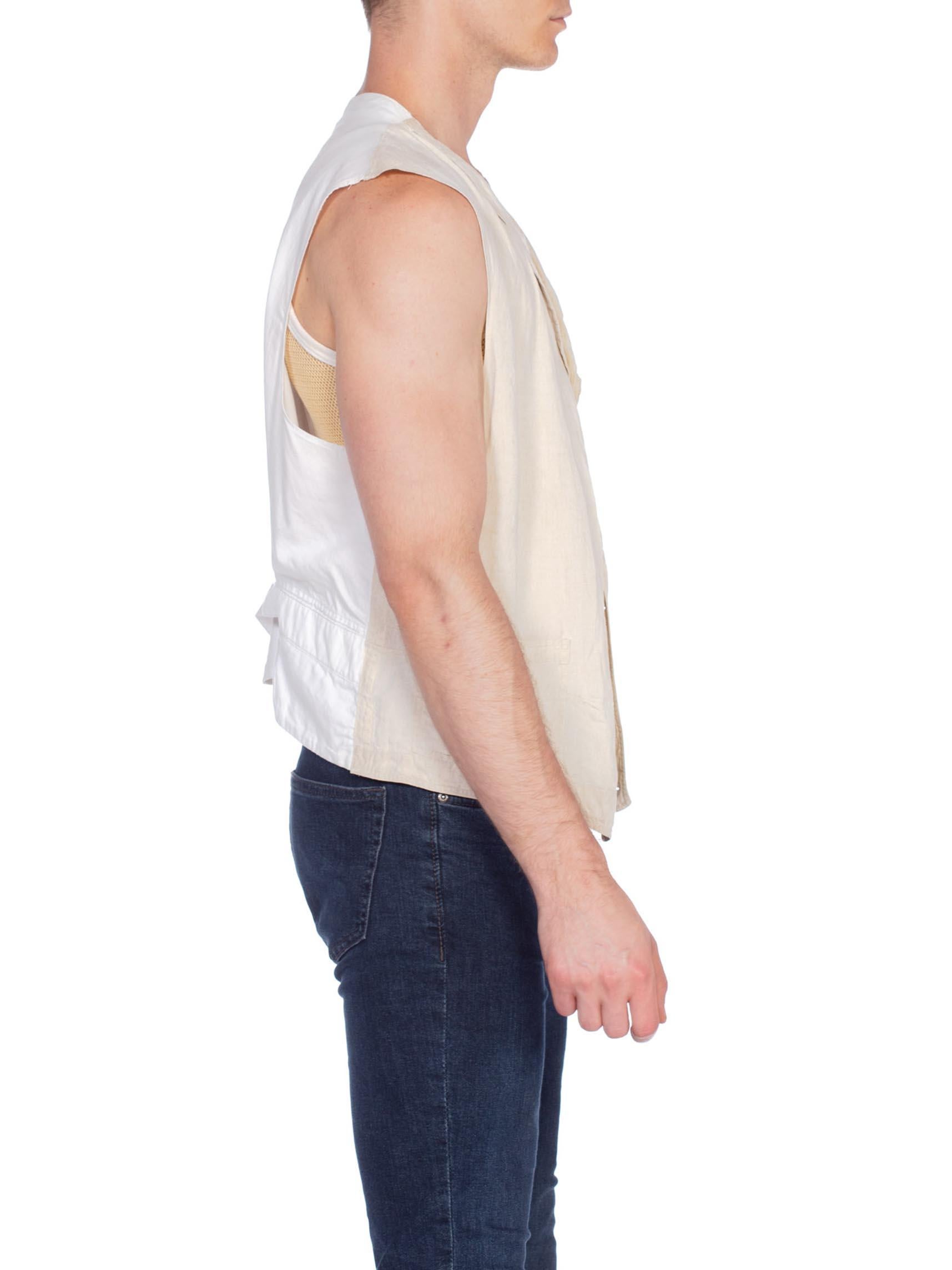 Beige 1920S Rare Men's Antique Linen And Cotton Vest  Xl