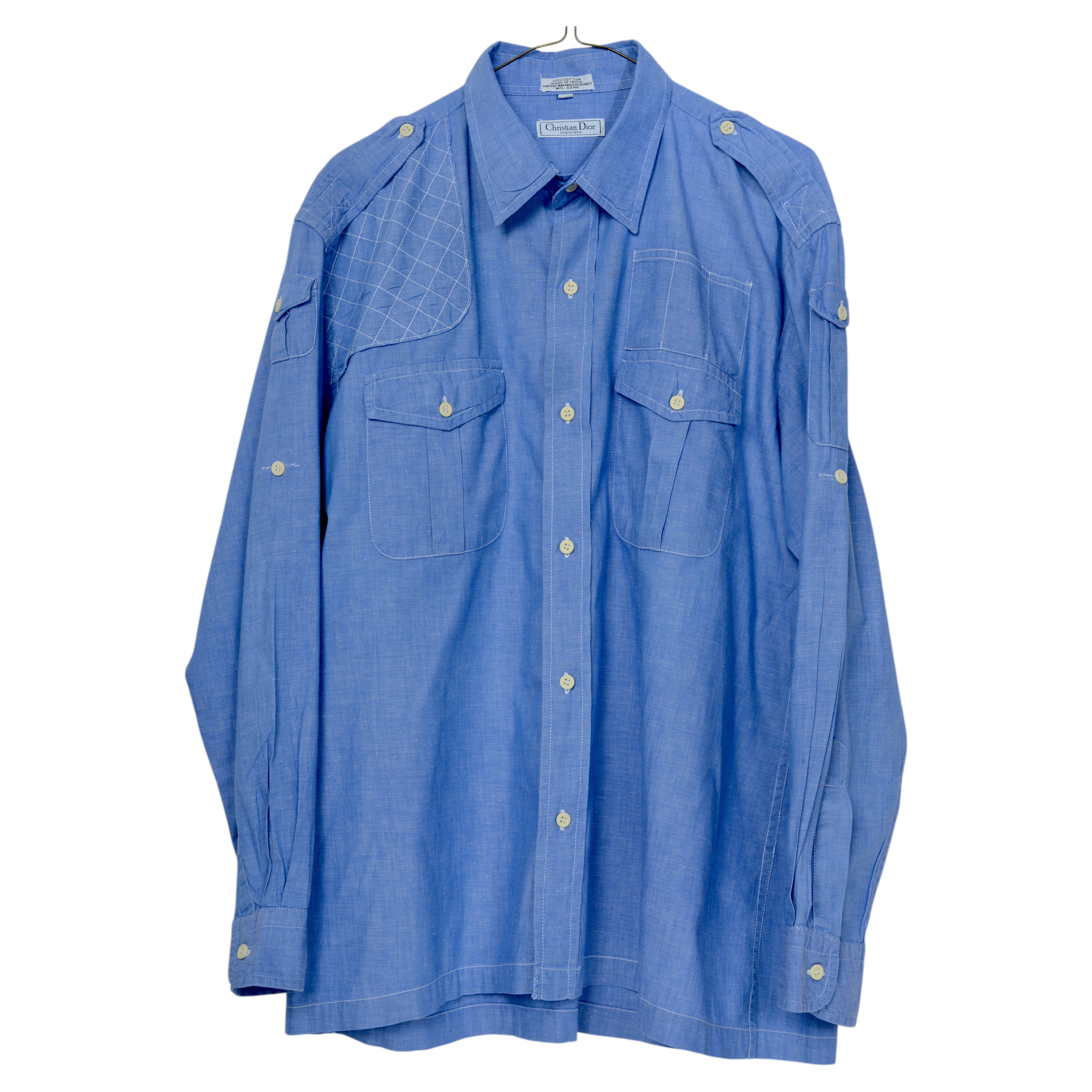 Rare Men's Christian Dior Classic Shooting Shirt in Sky Blue 100% Cotton