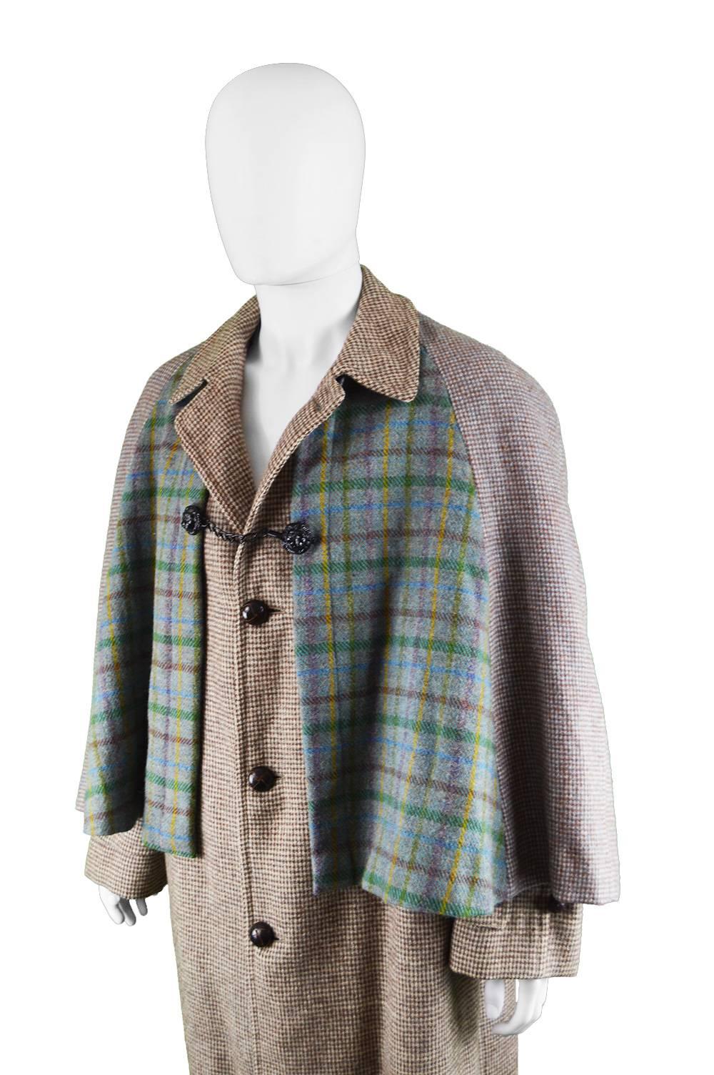 Gray Men's Harris Wool Tweed Tartan Inverness Cape Coat, 1950s