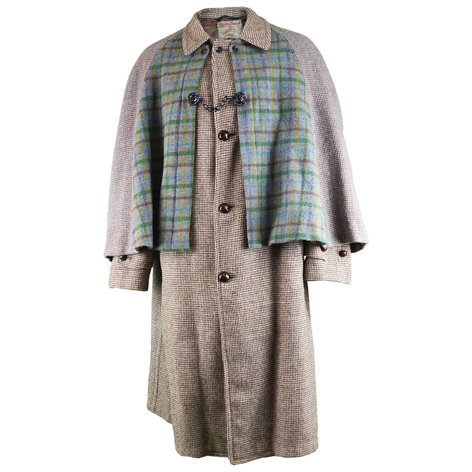 Men's Harris Wool Tweed Tartan Inverness Cape Coat, 1950s