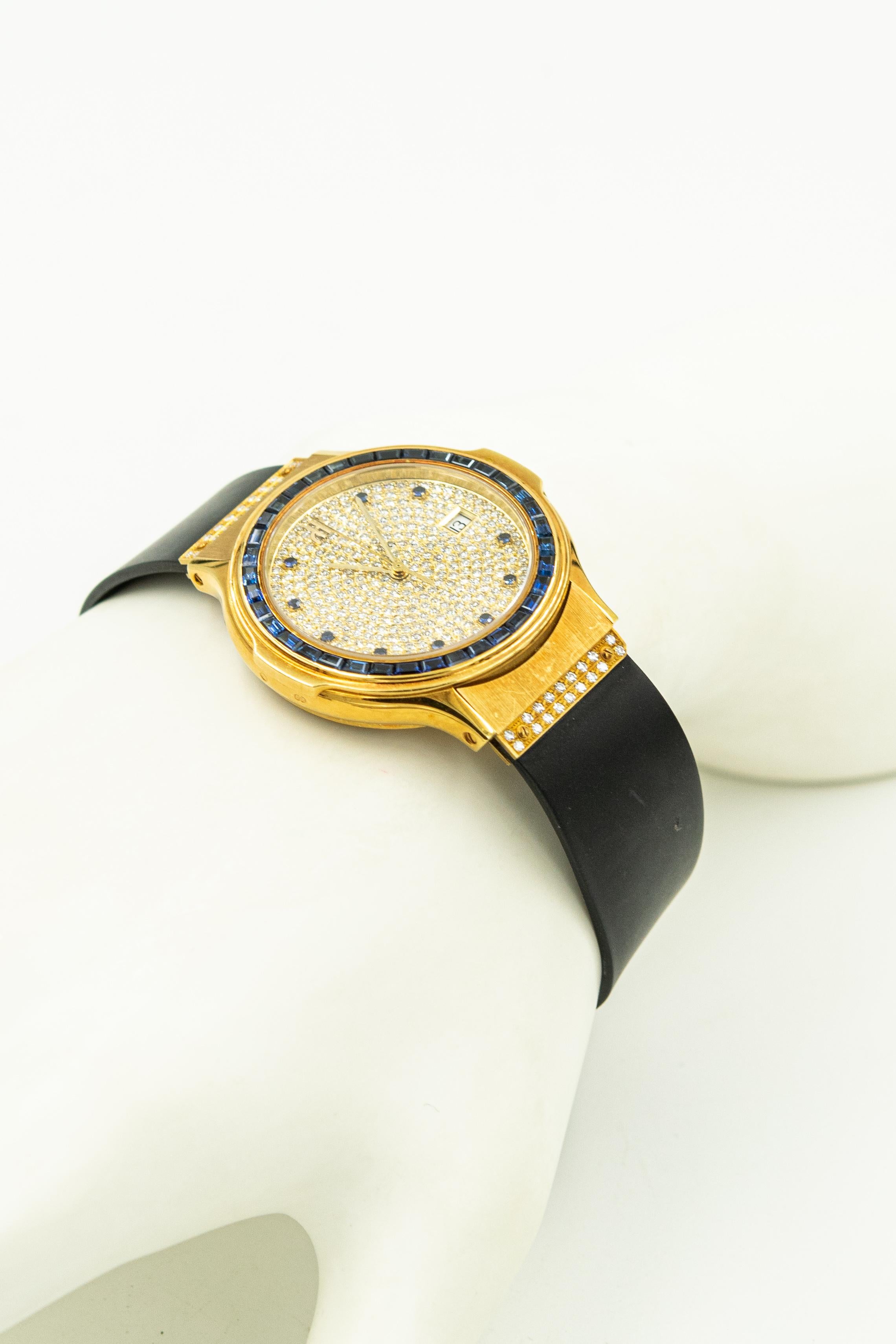 Rare Men's Hublot MDM Sapphire Diamond 18k Gold Wrist Watch Ref. 1522 For Sale 3