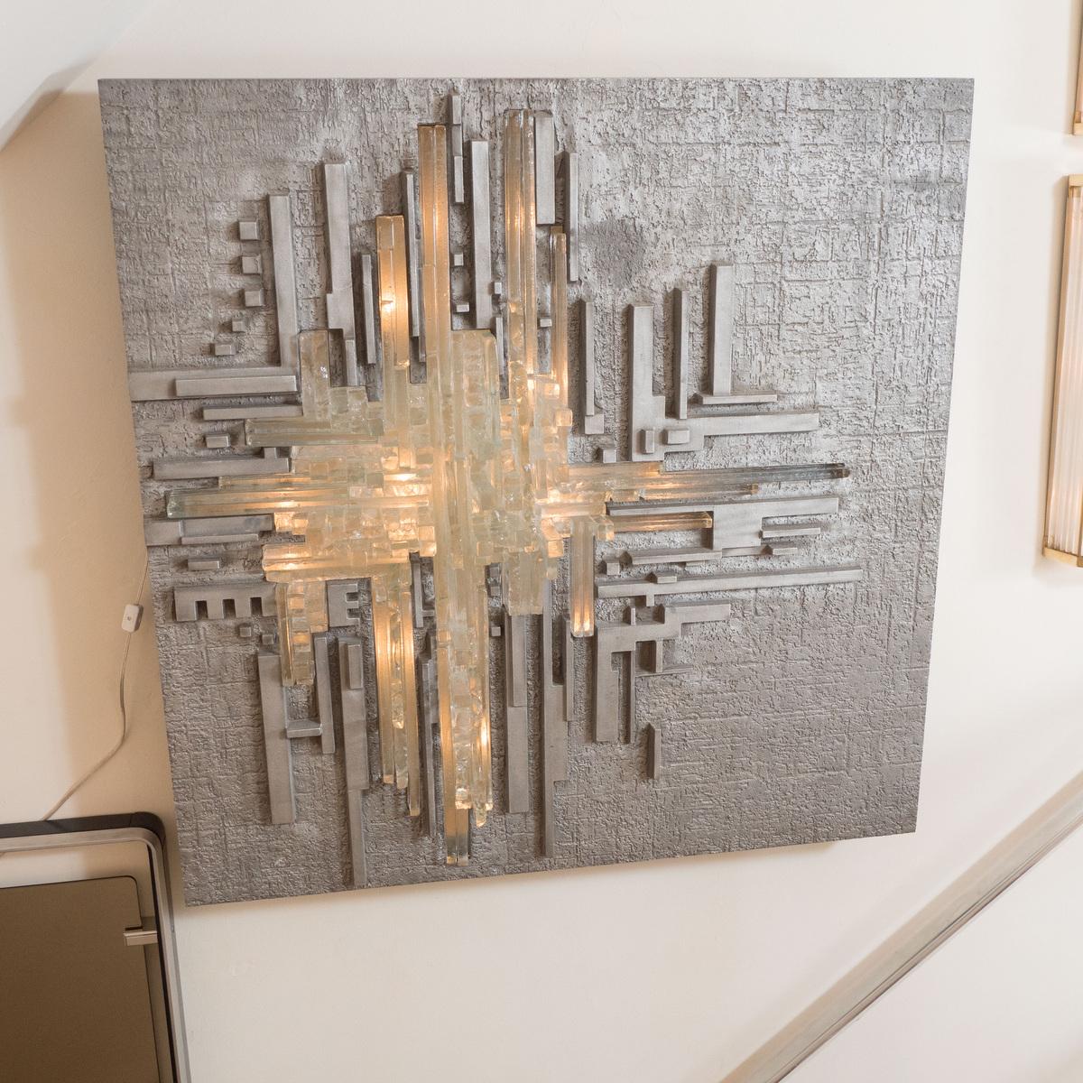 Rare aluminum and glass illuminated wall sculpture 