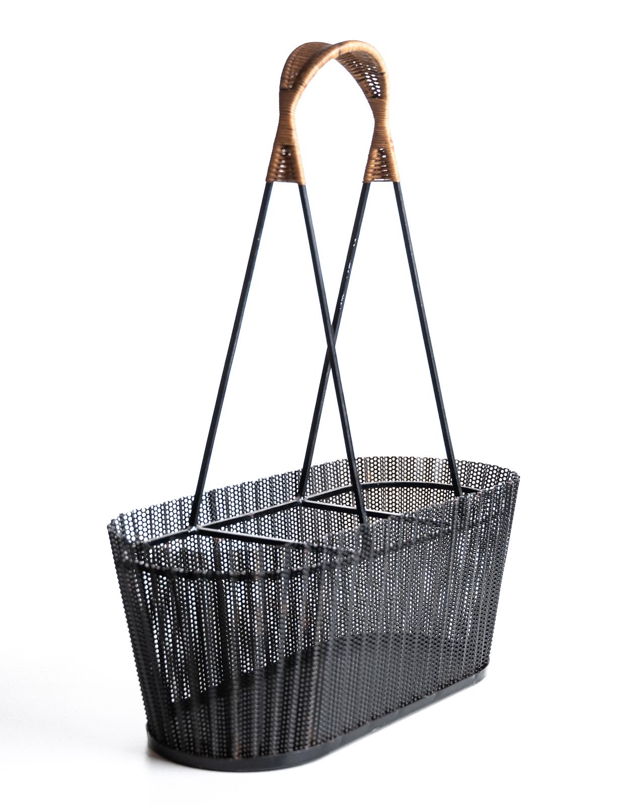 Mid-Century Modern Rare Metal Basket with Wicker Handles by Mathieu Matégot