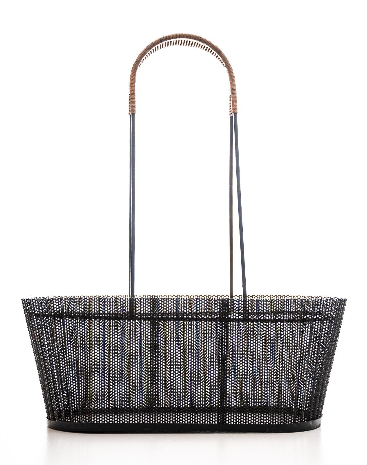 Rare Metal Basket with Wicker Handles by Mathieu Matégot In Good Condition In Henley-on Thames, Oxfordshire