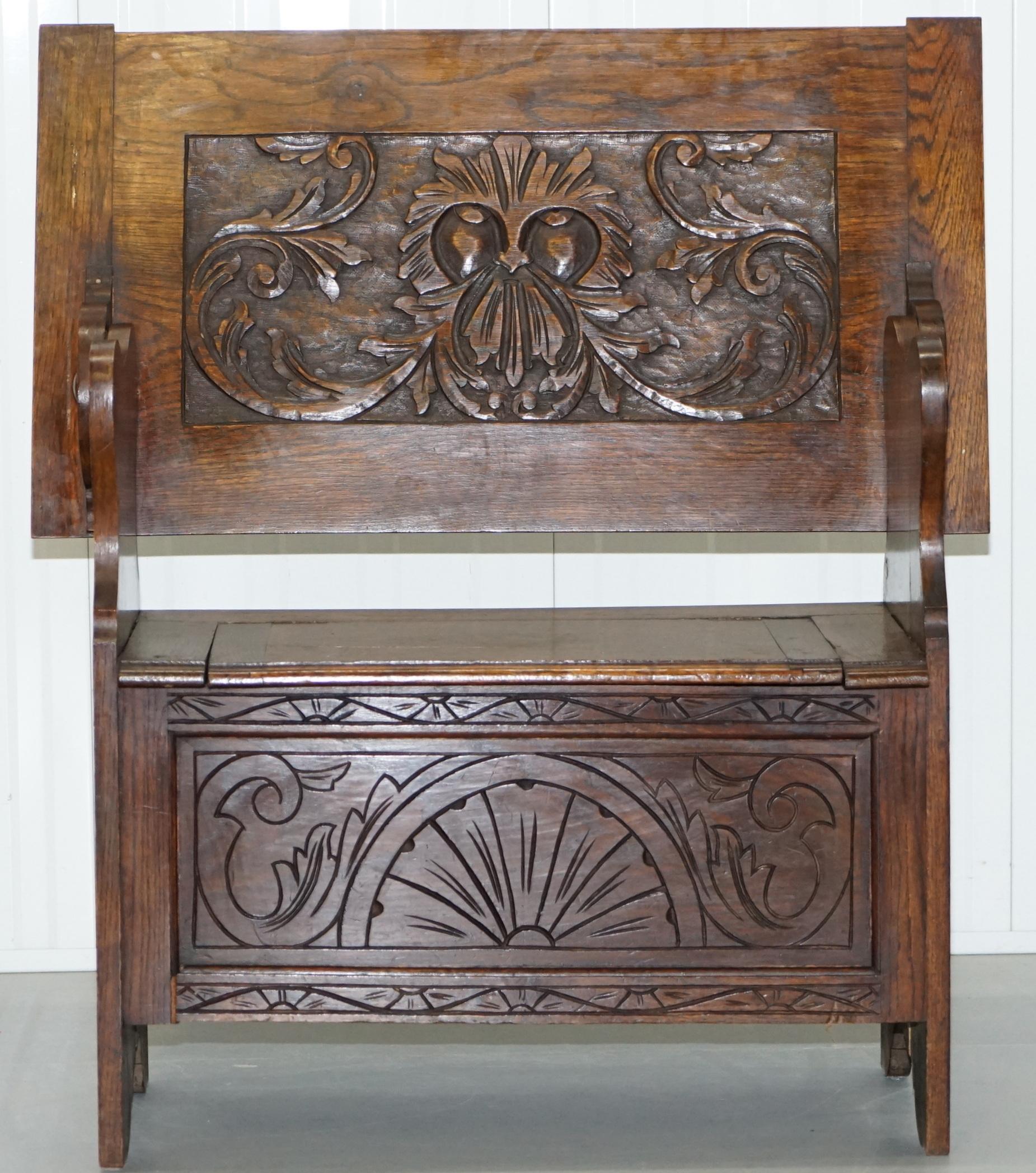 Hand-Carved Rare Metamorphic Solid English Oak Monks Bench with Tilt-Top Table and Storage