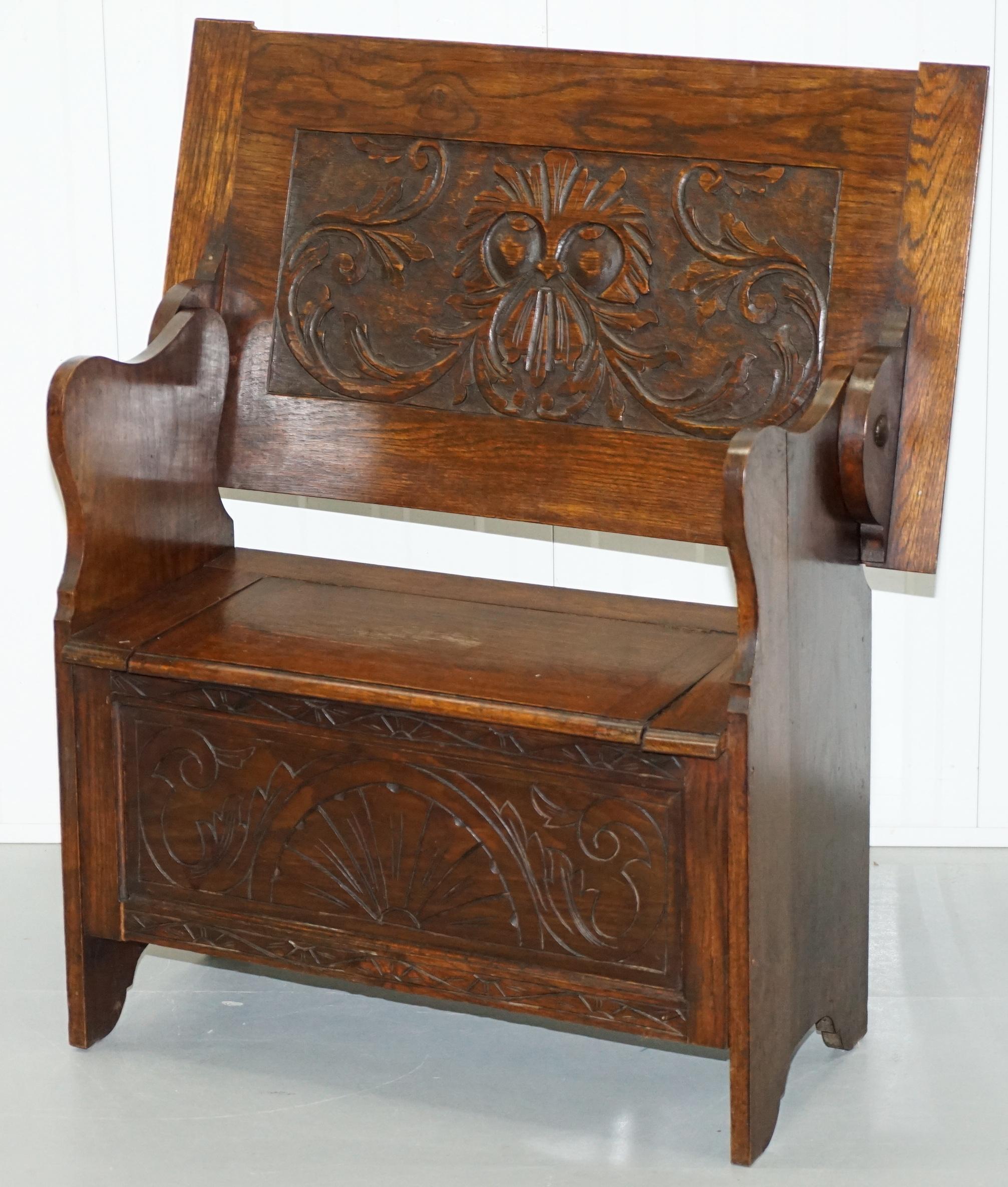 19th Century Rare Metamorphic Solid English Oak Monks Bench with Tilt-Top Table and Storage