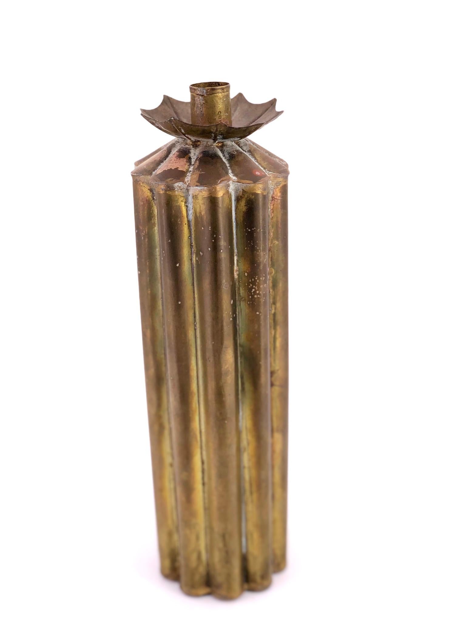Rare Mexican Brutalist Brass Tall Weighted Candleholder Signed by Gene Byron In Good Condition In San Diego, CA