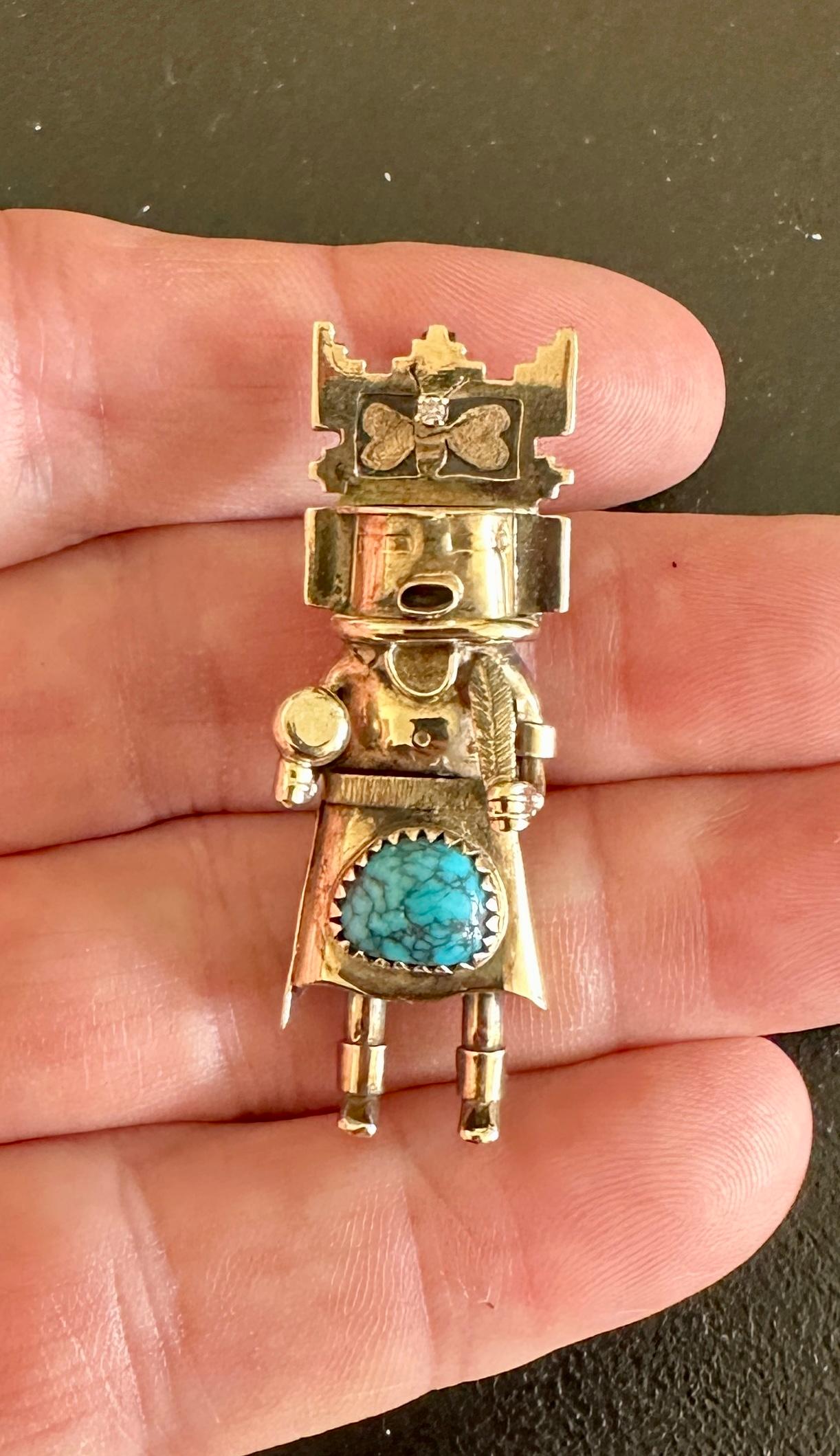 Native American Rare Michael Horse Diamond Turquoise 14 Karat Gold Kachina Pendant Necklace