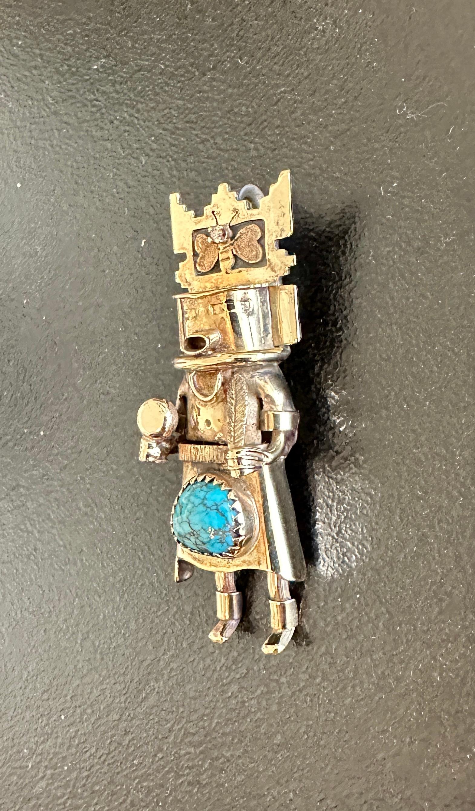 Round Cut Rare Michael Horse Diamond Turquoise 14 Karat Gold Kachina Pendant Necklace For Sale