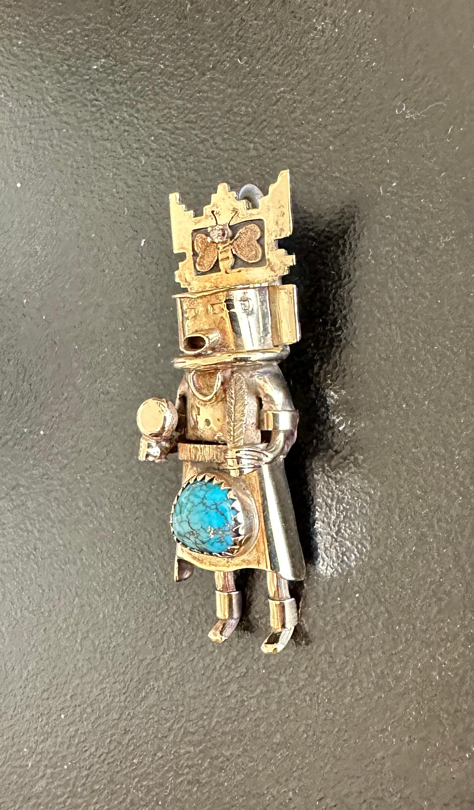 Round Cut Rare Michael Horse Diamond Turquoise 14 Karat Gold Kachina Pendant Necklace