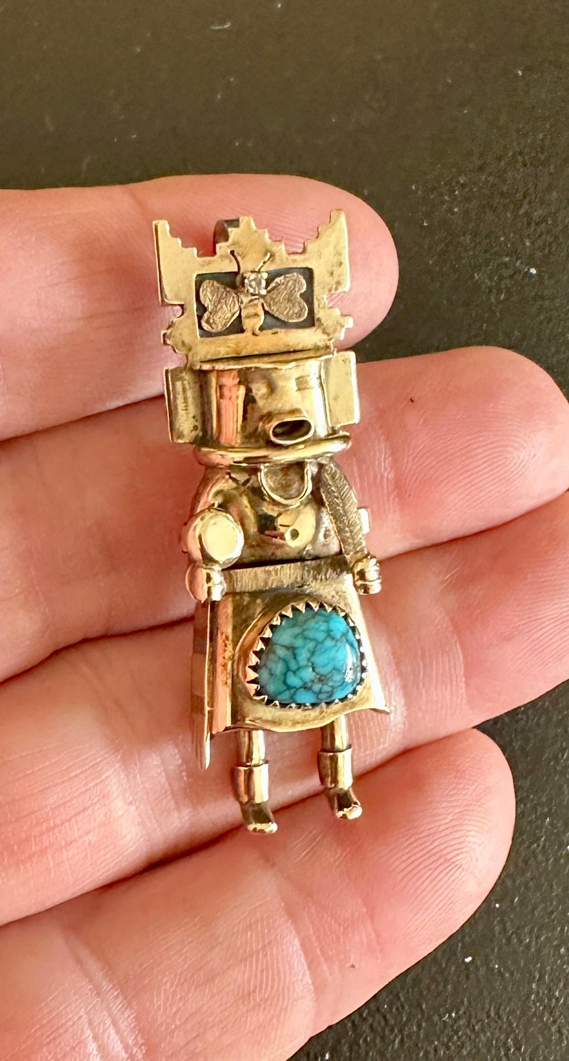 Rare Michael Horse Diamond Turquoise 14 Karat Gold Kachina Pendant Necklace In Excellent Condition For Sale In New York, NY