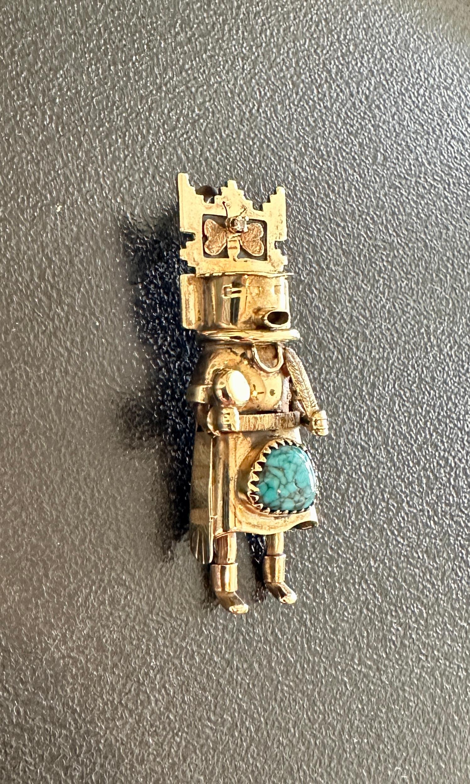 Women's or Men's Rare Michael Horse Diamond Turquoise 14 Karat Gold Kachina Pendant Necklace
