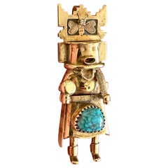 Rare Michael Horse Diamond Turquoise 14 Karat Gold Kachina Pendant Necklace
