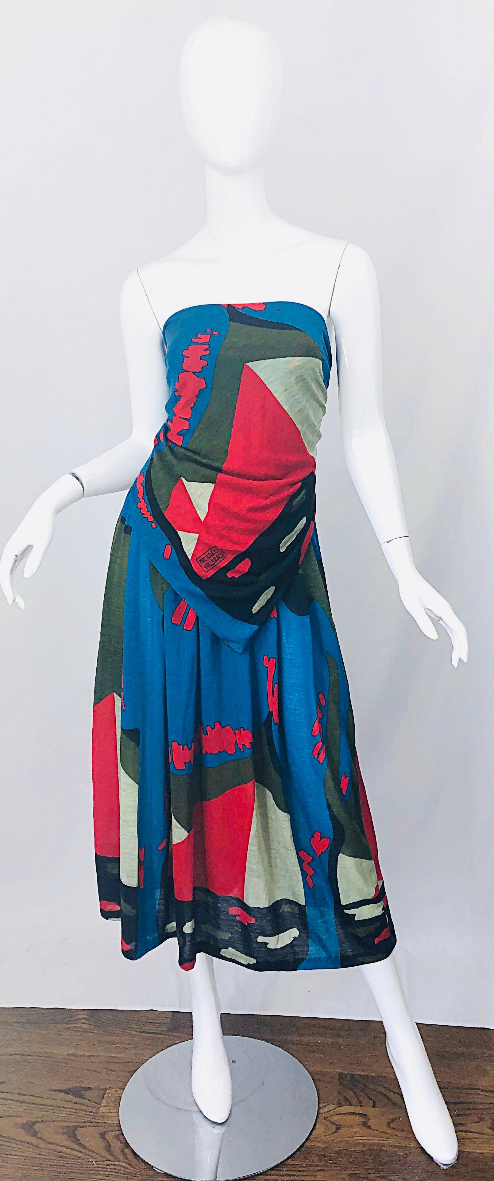 Rare and extremely chic Spring 1979 MICHAELE VOLLBRACHT abstract print cotton ensemble! Vollbracht only ran his fashion line from 1979 to 1985. This was from his first collection! Features a strapless bandeau handkerchief hem top and matching midi