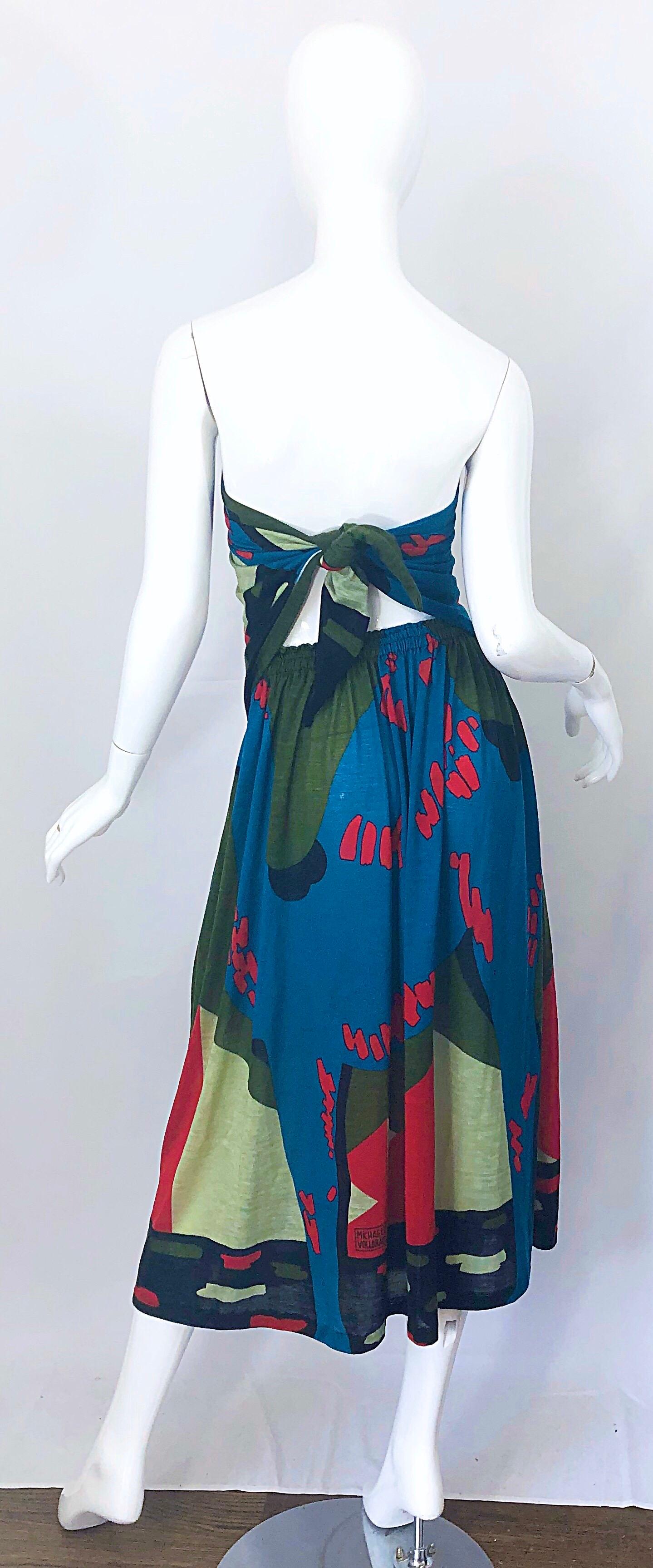 Rare Michaele Vollbracht Spring 1979 Abstract Print Bandeau Skirt Ensemble Dress In Excellent Condition For Sale In San Diego, CA