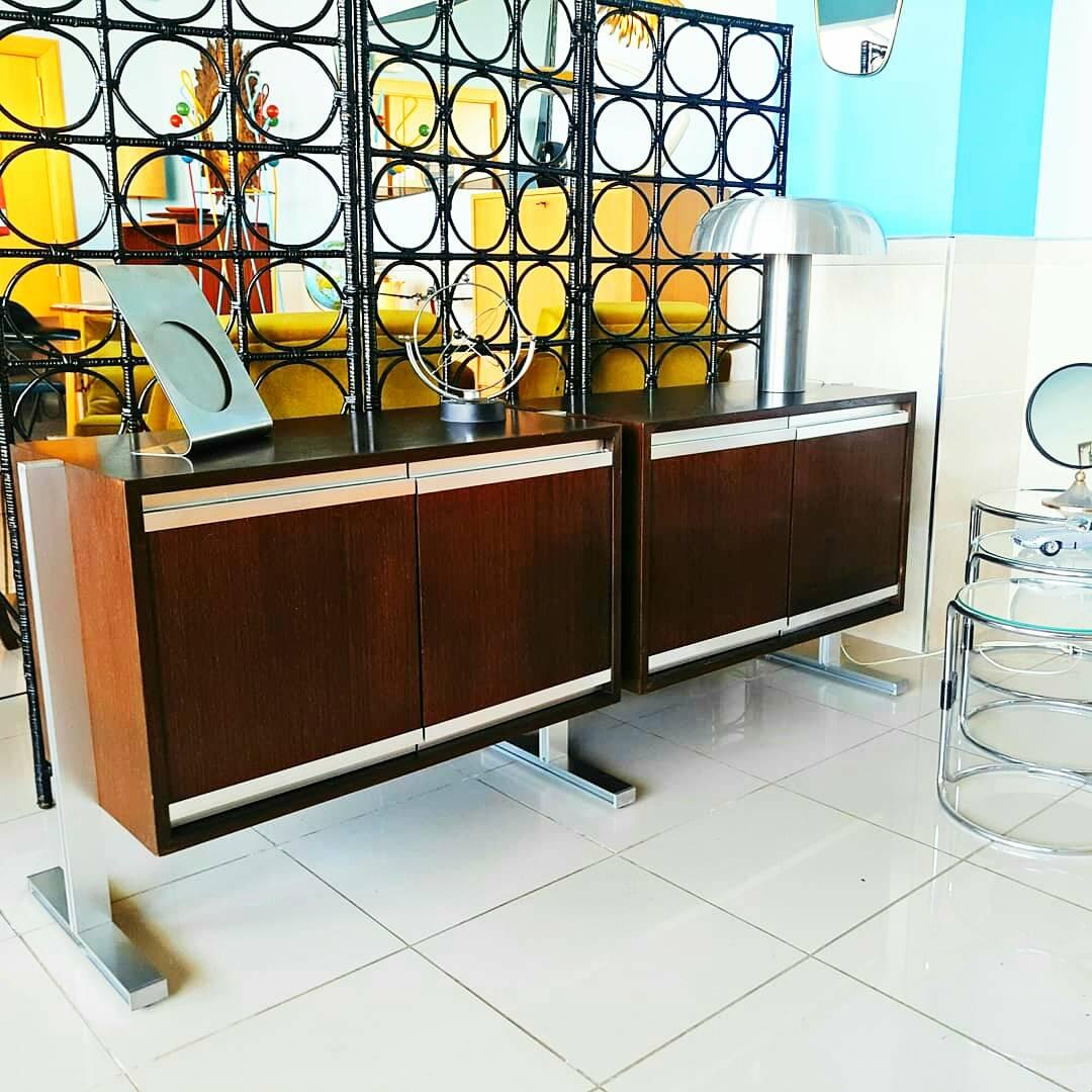 Beautiful and rare Michel Ducaroy sideboard by Ligne Roset, manufactured in France in 1970s. Two boxes with three brush aluminum legs. Shows light scratches and wear from previous use but remains in fair condition.