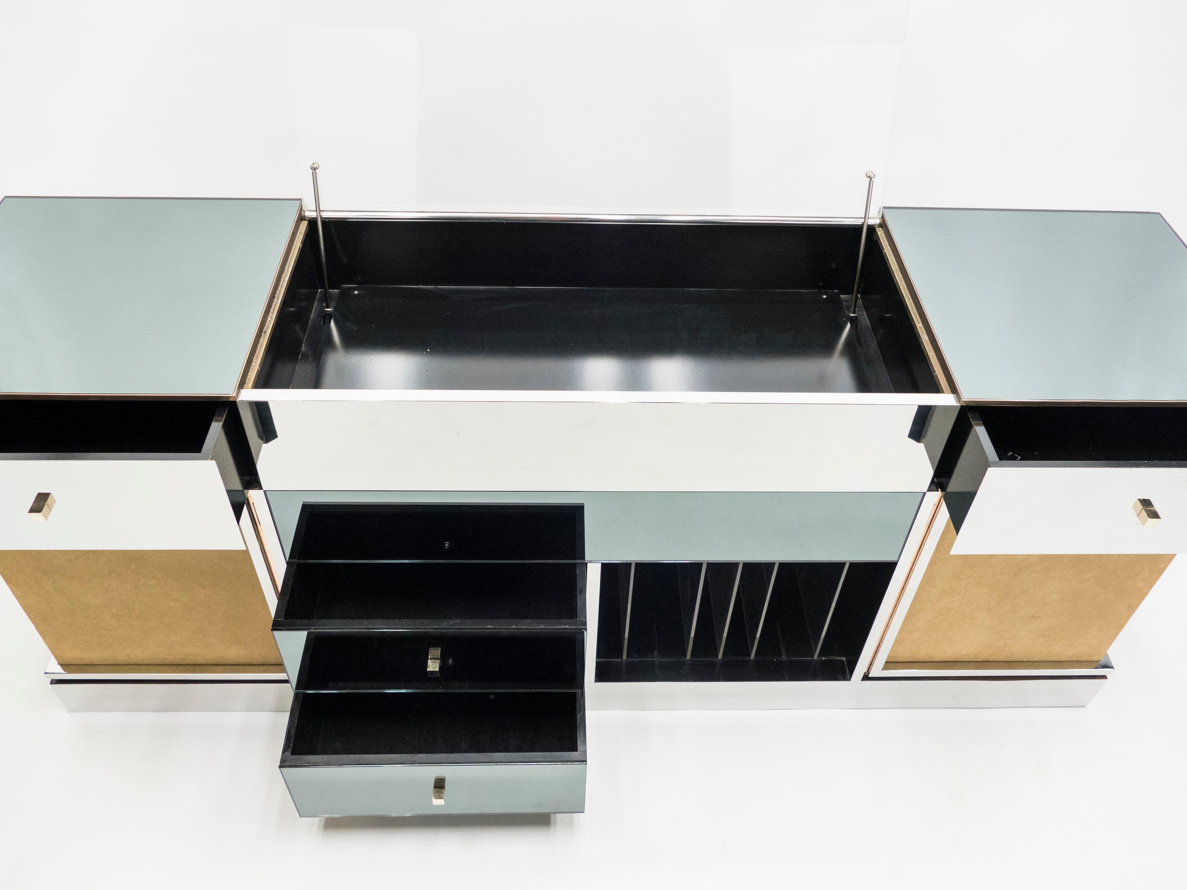 Rare Michel Pigneres Brass Mirrored Suede Sideboard, circa 1969 For Sale 3