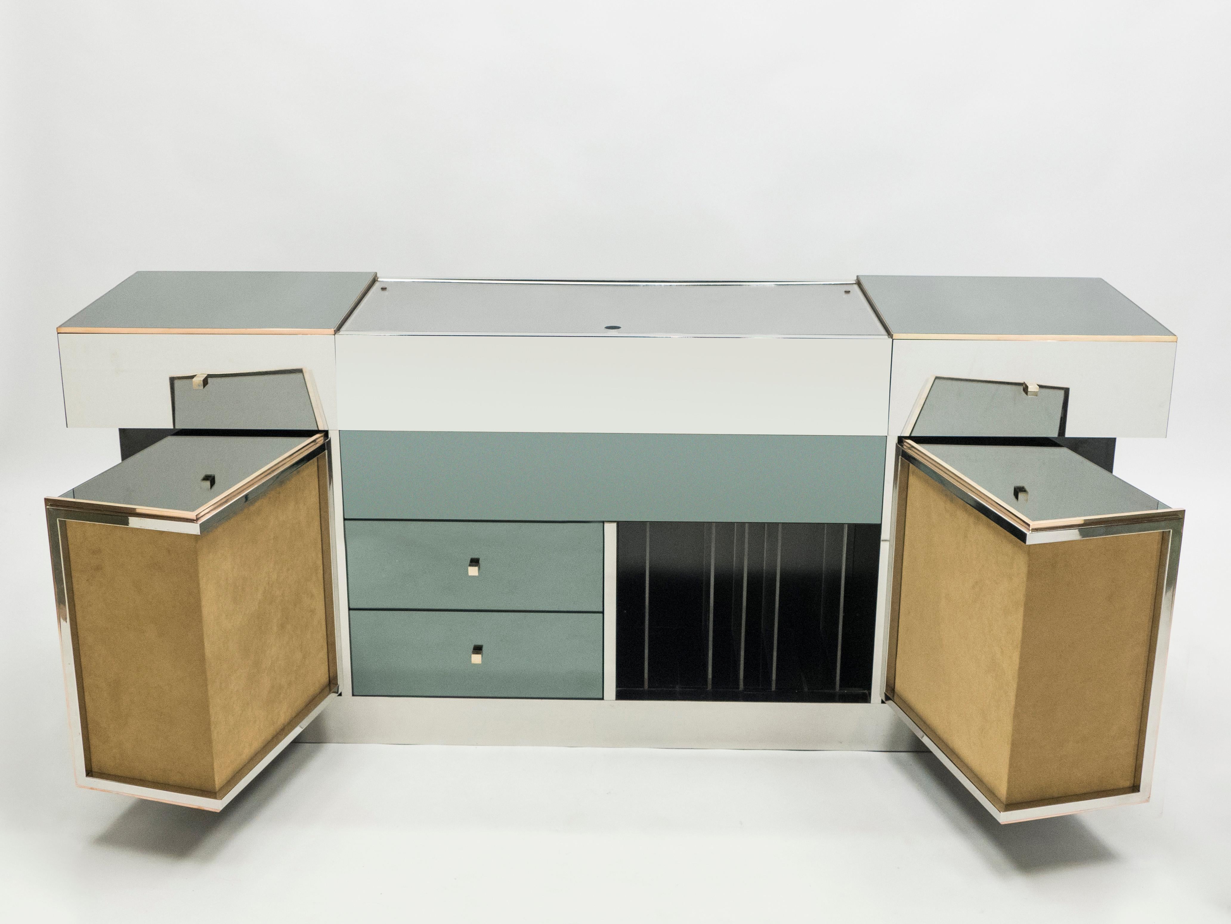 Rare Michel Pigneres Brass Mirrored Suede Sideboard, circa 1969 For Sale 1