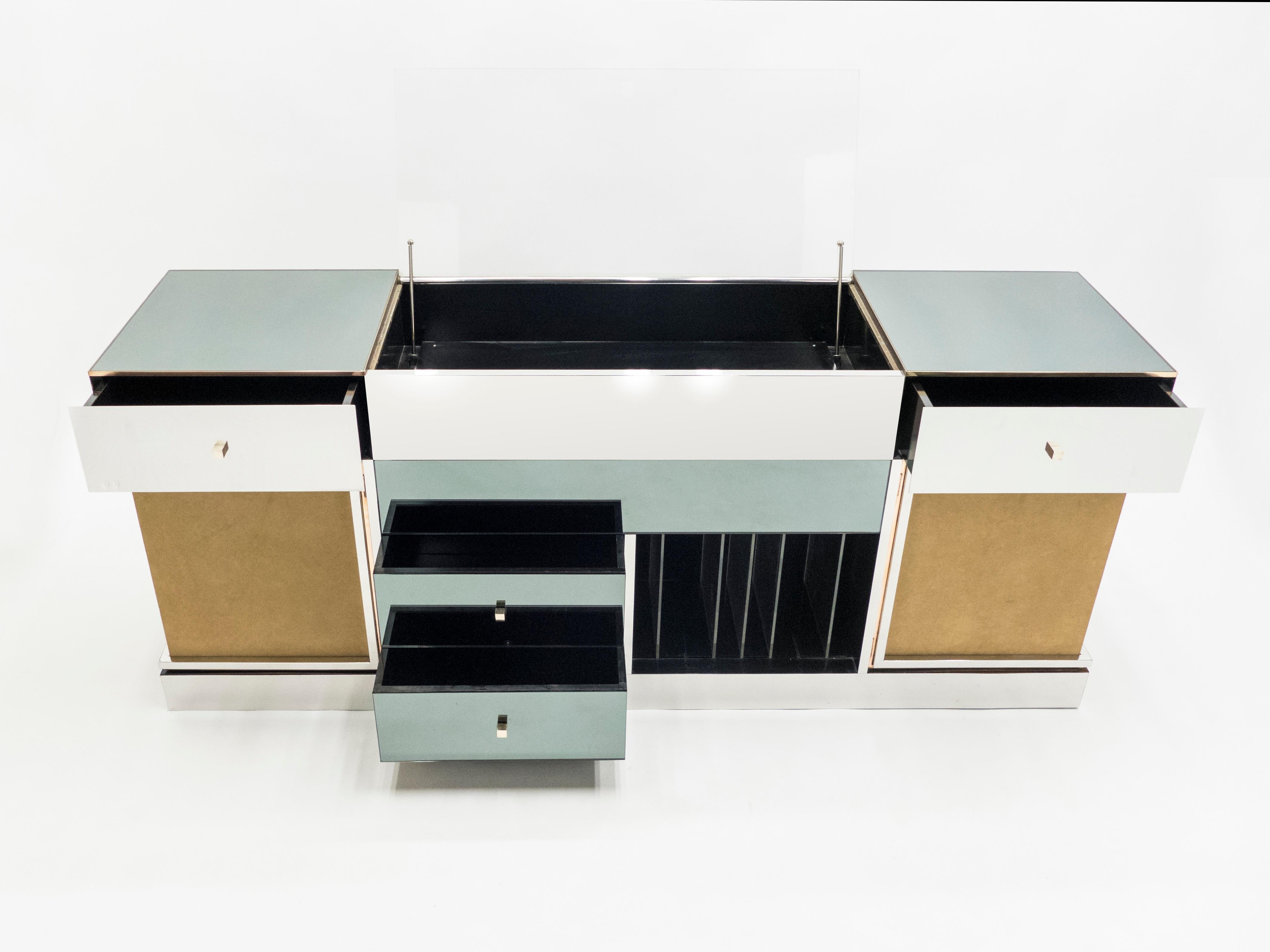 Rare Michel Pigneres Brass Mirrored Suede Sideboard, circa 1969 For Sale 2