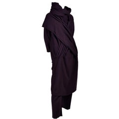 Rare Michele Lamy Rick Owens 1980s Plum Cotton Dress Pants & Scarf Outfit w Hood