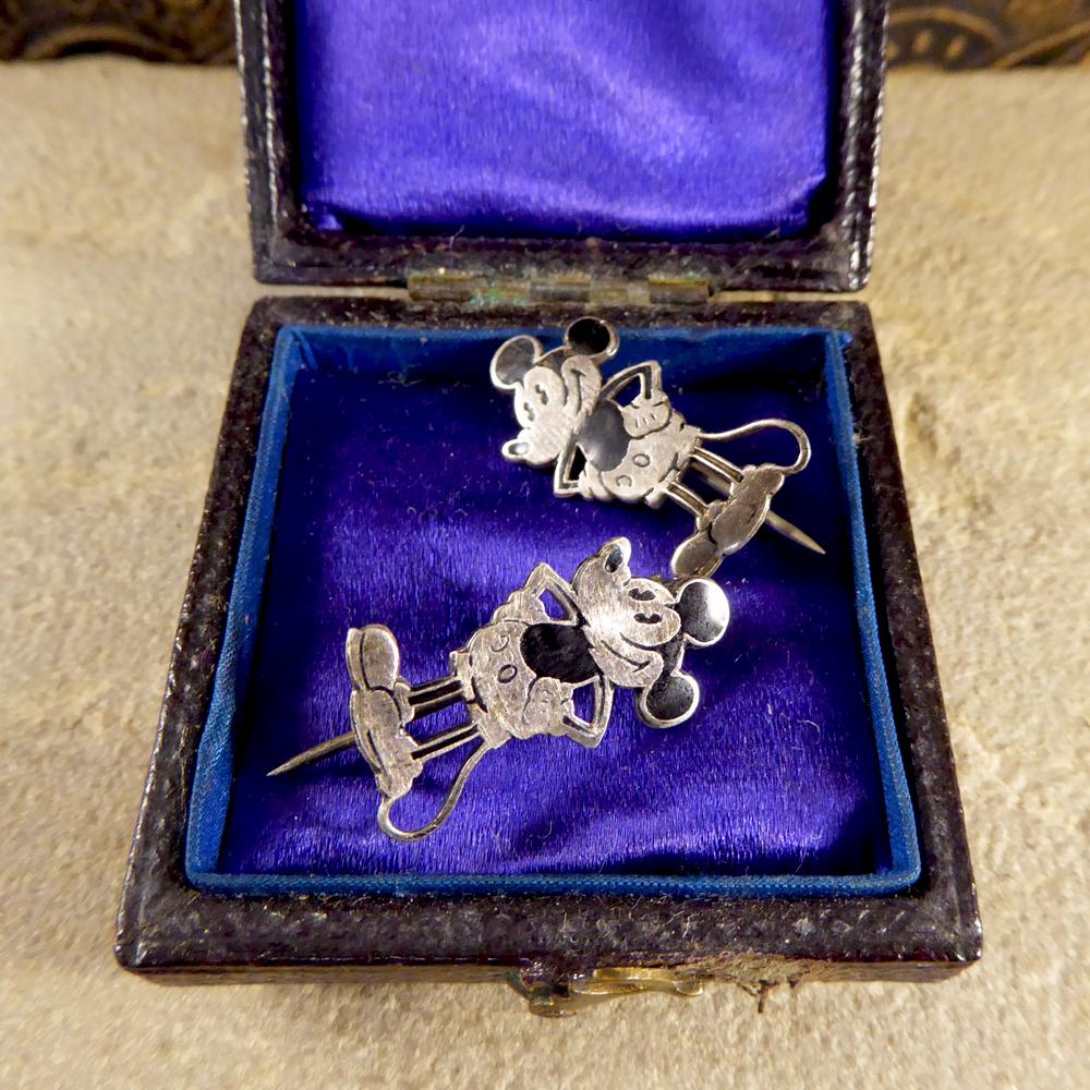 Art Deco Rare Mickey Mouse Silver and Enamel Brooches Set by Charles Horner in Box