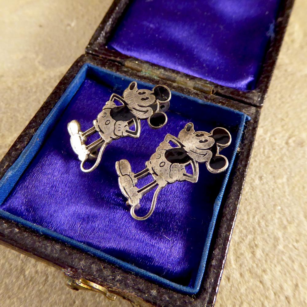 Women's or Men's Rare Mickey Mouse Silver and Enamel Brooches Set by Charles Horner in Box