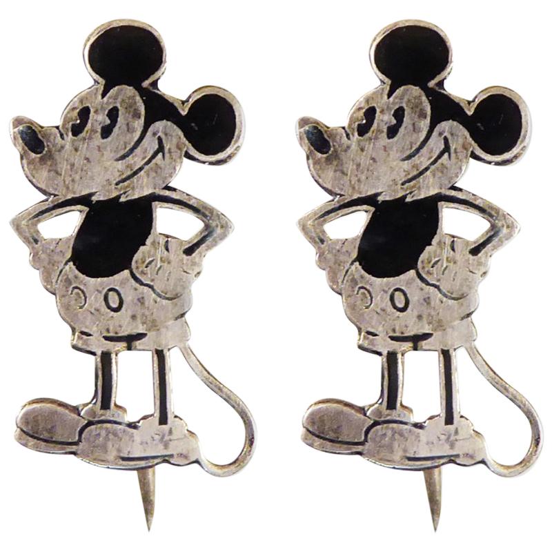 Rare Mickey Mouse Silver and Enamel Brooches Set by Charles Horner in Box