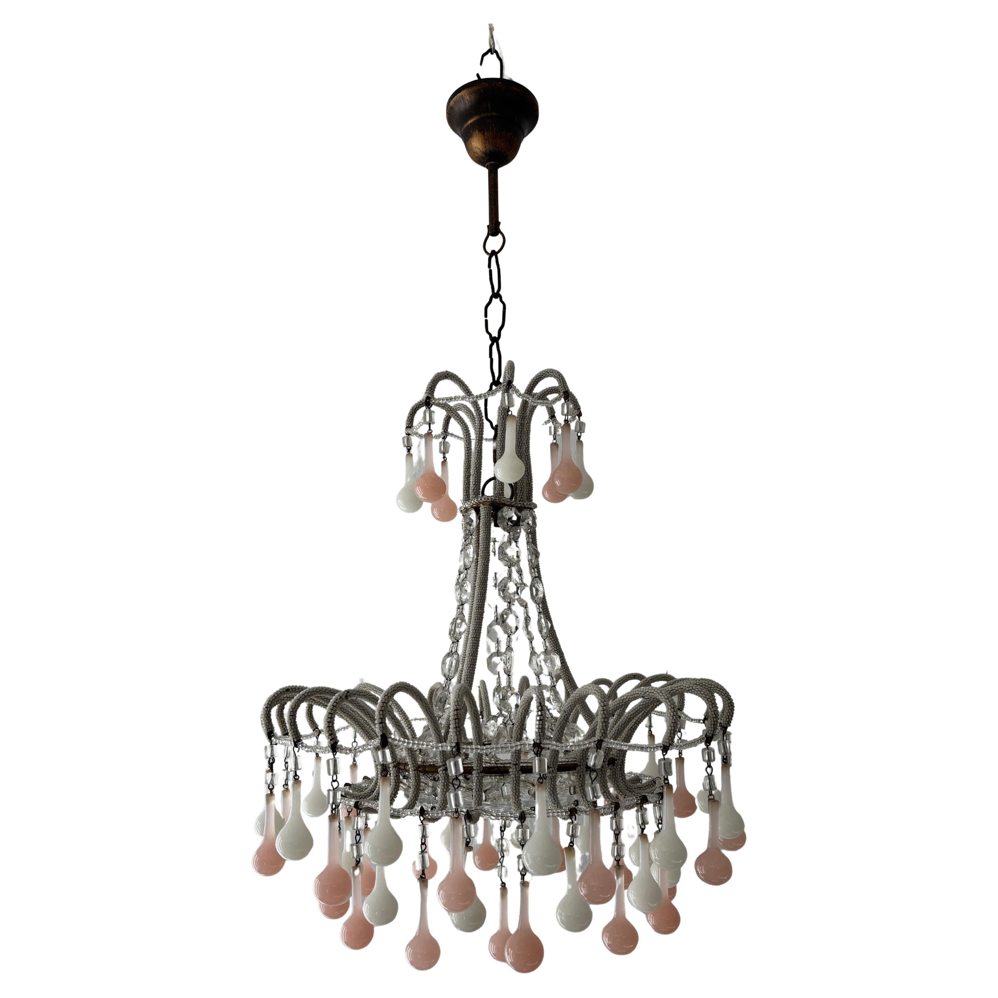 Rare Micro Beaded White and Pink Opaline Drops Chandelier, circa 1920