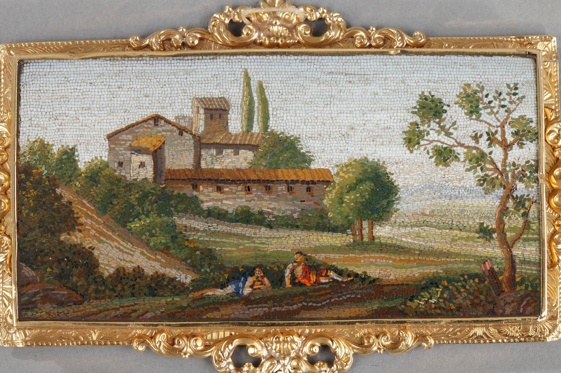 Rare micromosaic plaque depicting an idyllic Roman landscape. The main subject of this micromosaic is the representation of buildings surrounded by cypresses and trees. Two figures in the foreground are resting. This landscape, with a tree in the