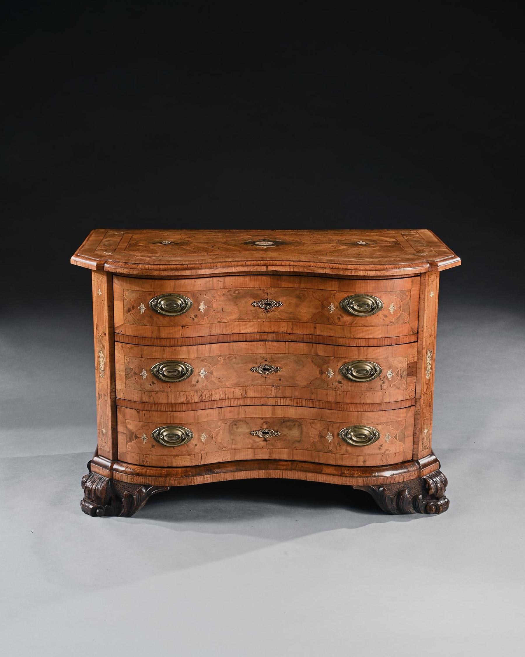 Mid-18th Century Rare Mid 18th Century German Walnut Pewter & Ivory Marquetry Serpentine Commode For Sale