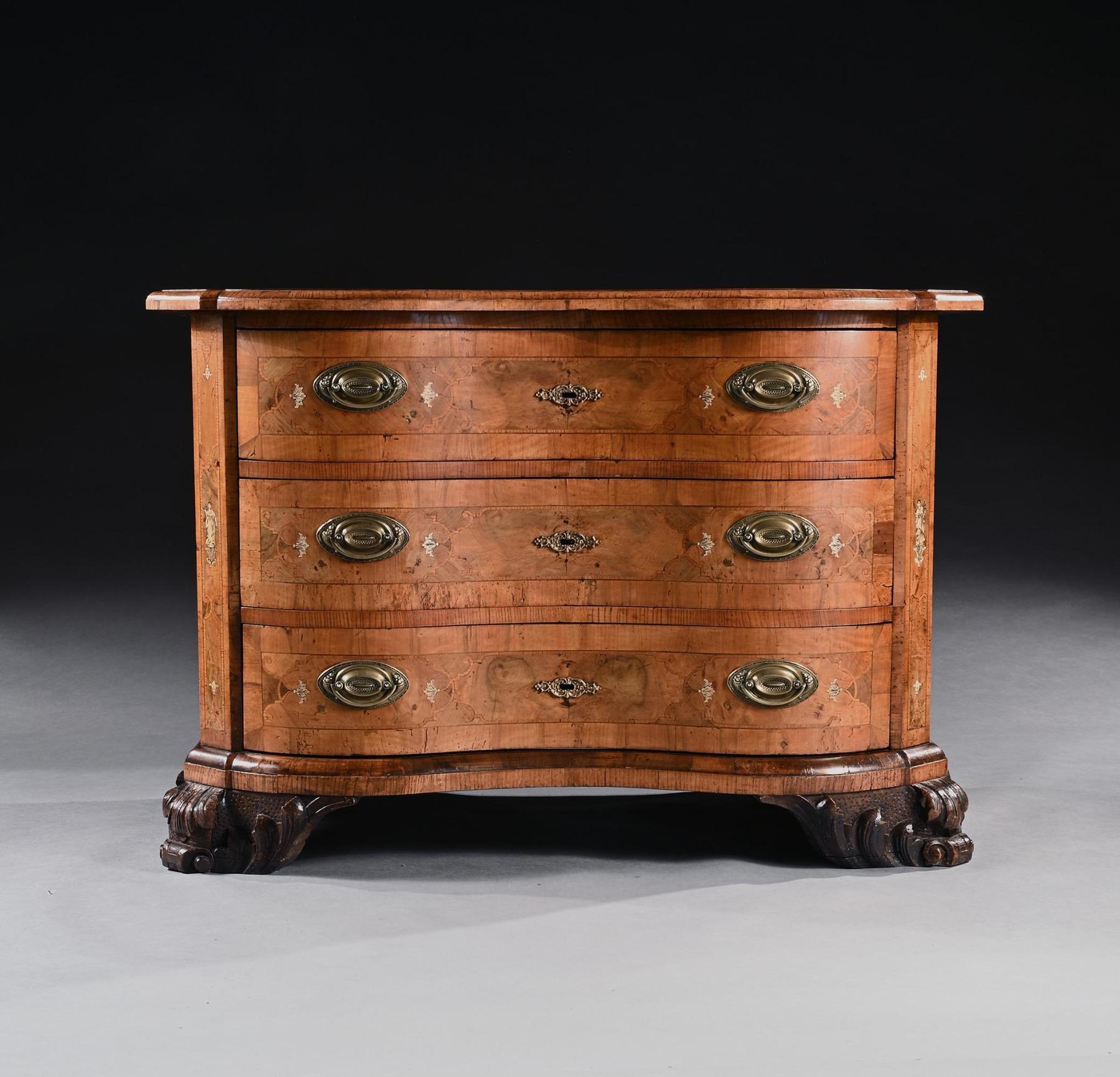 Rare Mid 18th Century German Walnut Pewter & Ivory Marquetry Serpentine Commode For Sale 1