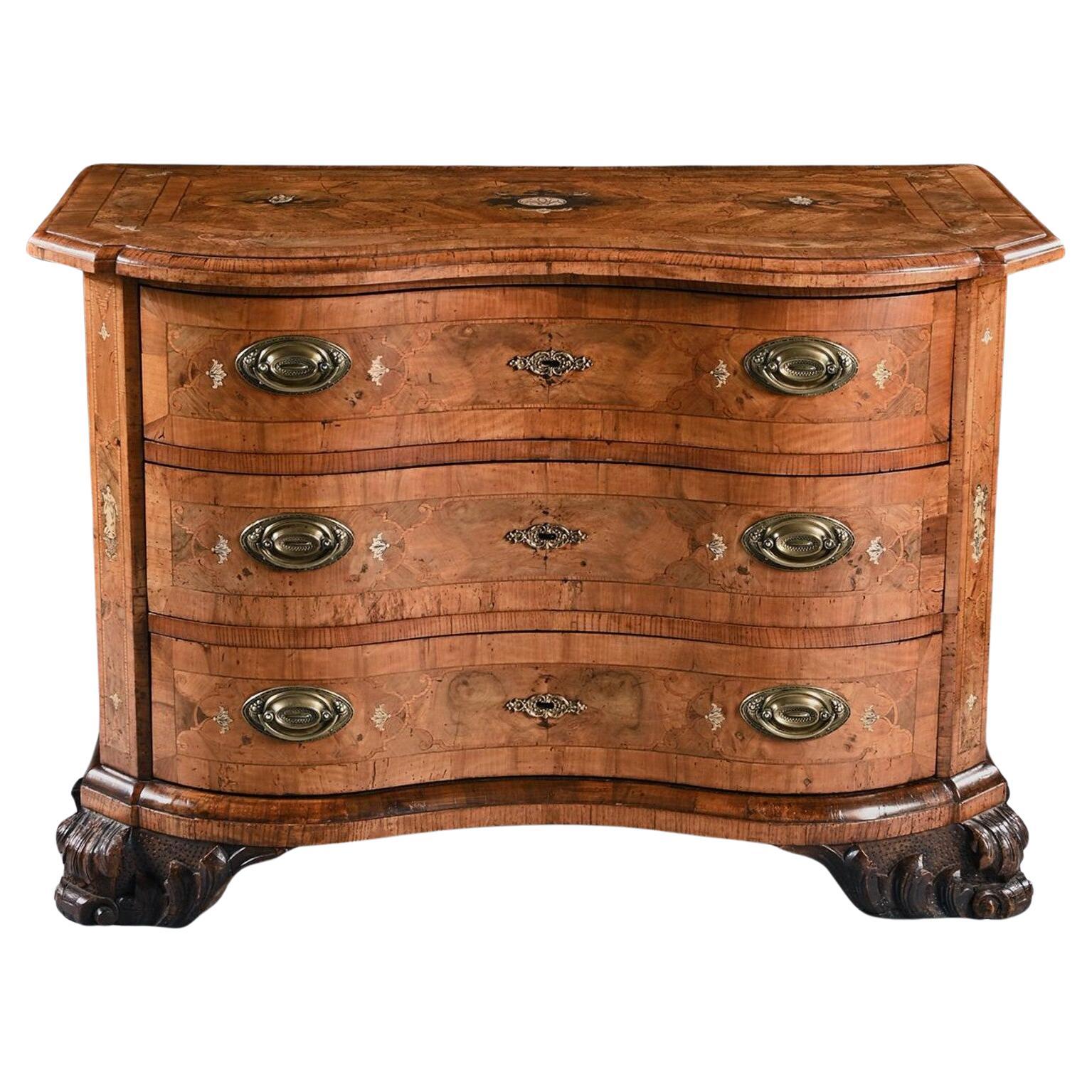 Rare Mid 18th Century German Walnut Pewter & Ivory Marquetry Serpentine Commode For Sale