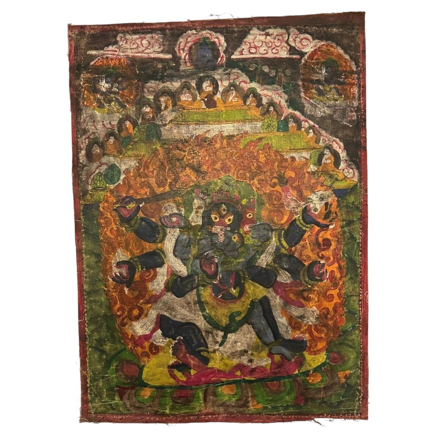 Rare Mid-18th Century Tibetan Thangka of Six-Armed Mahakala, Sera Monastery