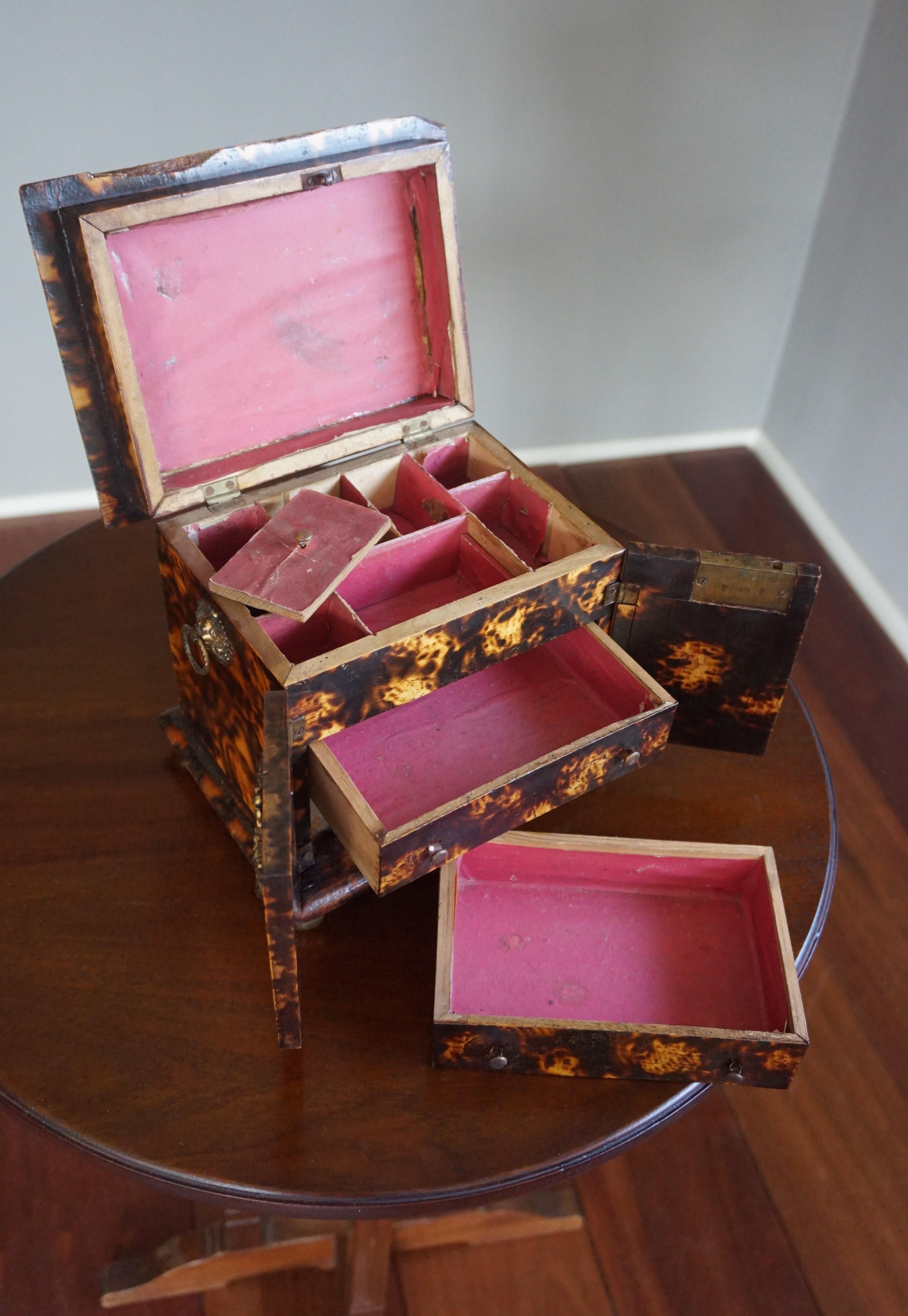 Wood Rare Mid-19th Century Faux Tortoise Shell Jewelry Box & Various Other Purposes 